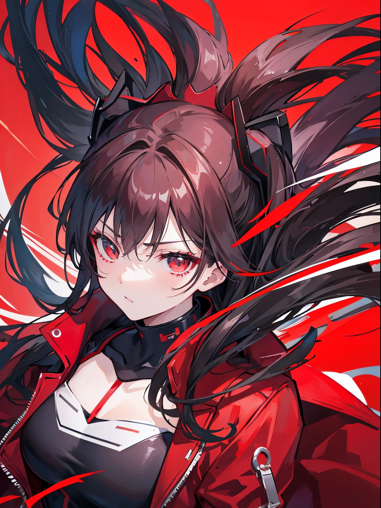 Rin tohsaka, techwear, red outfit, tokyo background, potrait, detailed, face detail, dynamic pose