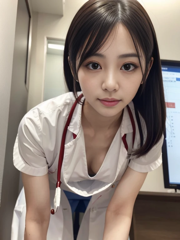 (highest quality、masterpiece:1.2)、super detailed、(photo-realistic:1.4)、Japanese、cute、25 years old、Angle of view from the side、Looking out of the camera、random hairstyle、random facial expressions、large nurse uniform、downblouse, light_particle、bright hospital、(leaning forward:1.5)、valley、A little bra is visible