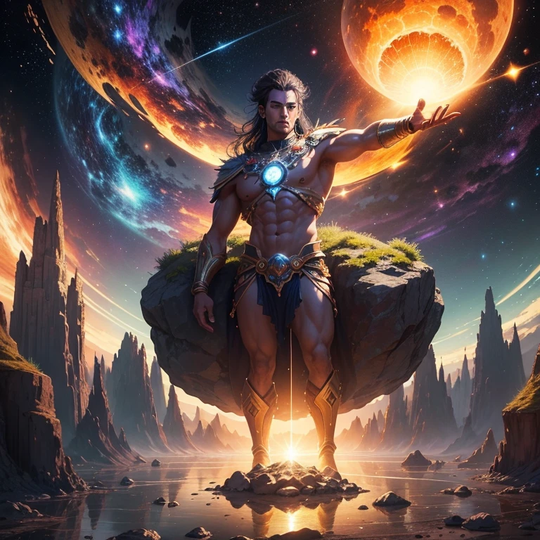 Imagine an image depicting an epic chapter of a wonderful book. In the center of the scene, You'll see Thanato and Pepperit, two primitive ancestors, Demonstrate powerful cosmic energy. Next to them, a vibrant explosion, Bright colors represent the original state of the universe, like a newborn. five gods, called Ozis, Charcoal village, Theos, Zilewo and Zulfikar, exist in the image, Everyone has a unique look and expression,Reflecting their connection to the universe. Surrounding the universe are eight huge floating rocks, Planet symbolizing the cosmic garden: Zalanle, Mayoris, Akrillis, Terrax, Moam, Pumarim, Divas 和 Gáudiium. Each planet has unique characteristics, Such as lush scenery, glittering ocean, and mysterious atmosphere. Although the gods strive to bring joy and life to the universe, Their sadness is palpable. sun, Now a huge incandescent rock, Emits intense heat and bright light, unique light. Scattered throughout the site, stars shining bright, like little gaseous rocks that light up the universe. at last, Primitive people and theirs took on a majestic bipedal form, Show their greatness and divine power. Use your creativity and skills to create an image,Capturing all the cosmic grandeur of this enchanting chapter, Highlight the perfection and depth of every detail. --automatic