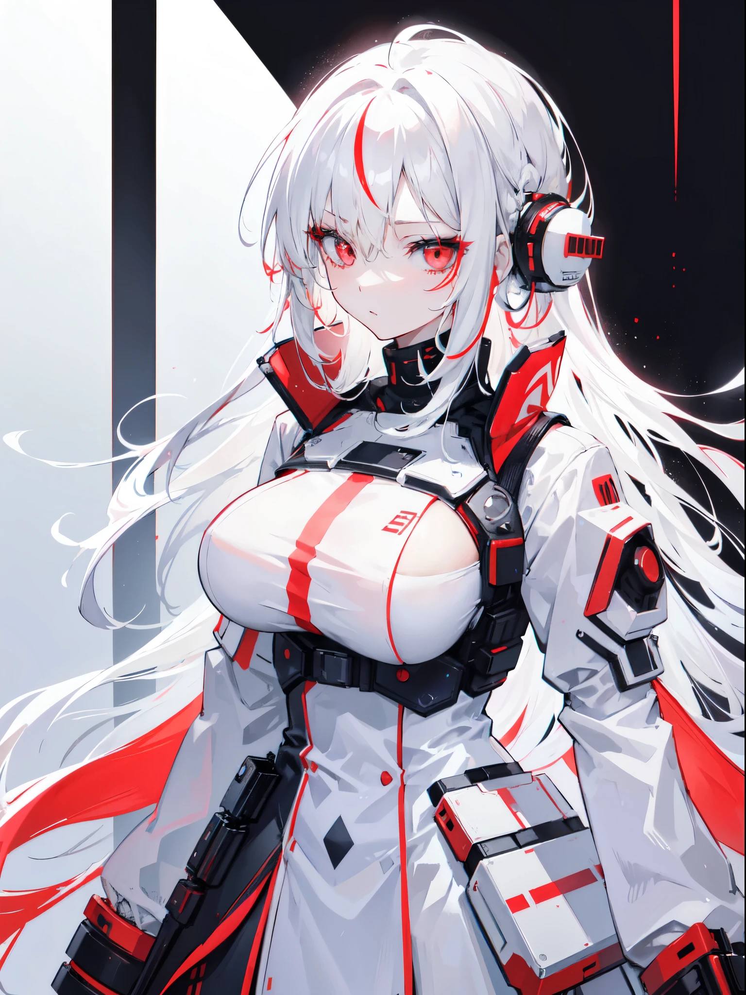 1 girl character, red eyes, white hair, long messy hair, wearing a white fashionable clothing inspired by cyberpunk clothing, white theme, half body shot, extremely detailed face, extremely detailed eyes, volumetric lighting,body complexion, big chest, 8k resolution, centered, masterpiece, looking at the viewer
