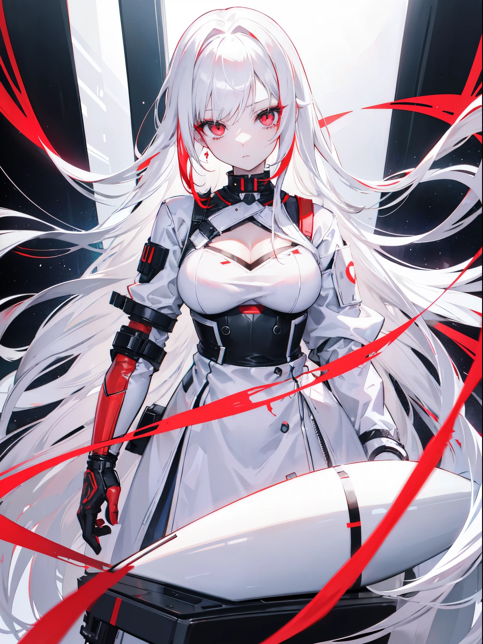 1 girl character, red eyes, white hair, long messy hair, wearing a white fashionable clothing inspired by cyberpunk clothing, white theme, half body shot, extremely detailed face, extremely detailed eyes, volumetric lighting,body complexion, big chest, 8k resolution, centered, masterpiece, looking at the viewer