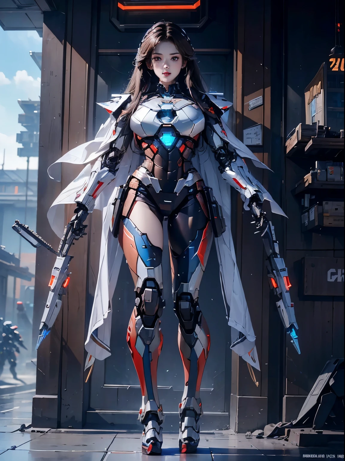 Super detailed, advanced details, high quality, better quality, High resolution, 1080P, hard disk, beautiful,(Iron Patriot),beautifulサイボーグの女性,Mecha cyborg ,battle mode, with mechanical body,She wears a futuristic Iron Patriot mech,full body shot