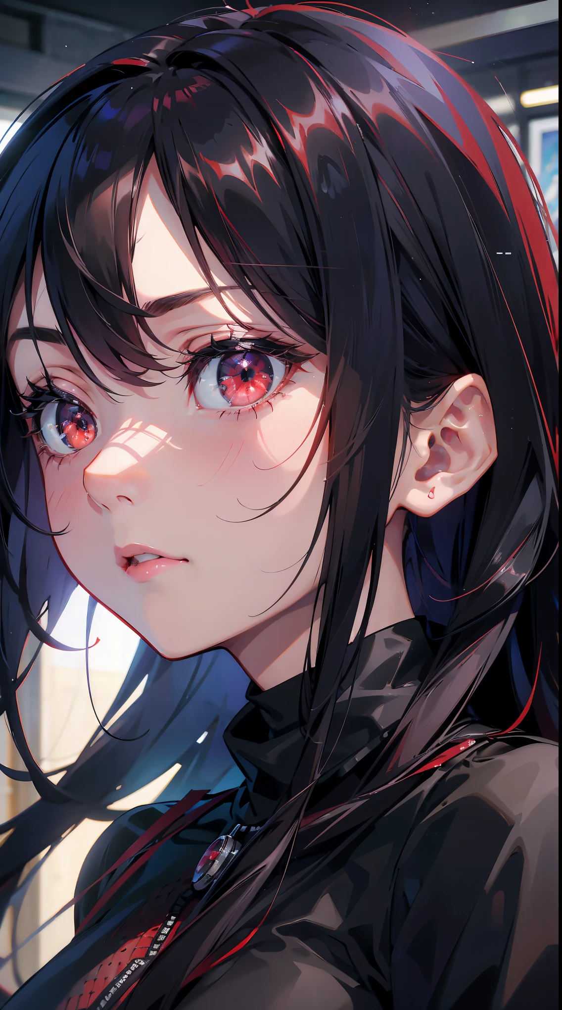 (Best Quality,4K,High resolution), 18yo woman, Red mesh hair on black hair, Shiny long straight hair, Innocence,sharp eye、red eyes、small nose、eye liner、 Luxury Black Silk Babydoll、Lonely face、Shoku、profile、slenderbody、Comical appearance,comic strip,animesque,Deformed cute illustration、Delicately expresses realistic skin texture、Muscle texture reproduction、Knife Art