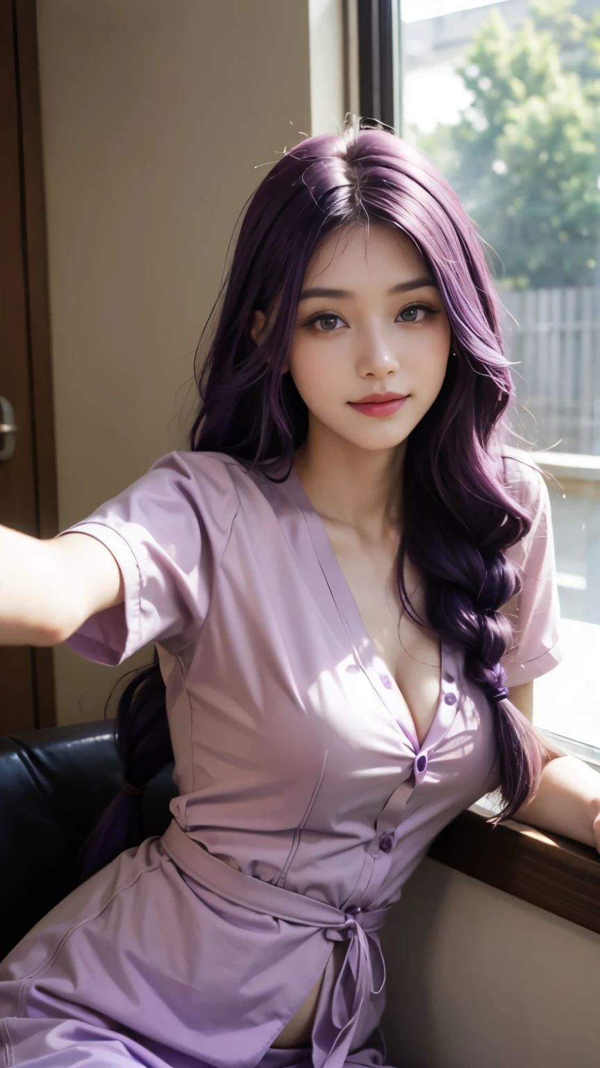 masutepiece、high resolution、Nurse、30 year old girl、1女Nurse、looking into camera、Smile、Finished as in photo、Fair and beautiful skin、Purple hair big breasts,purple hair,Very long, long hair、thick braid,purple eyes,Inner color、Hair should be tied back、Slender、Short model、