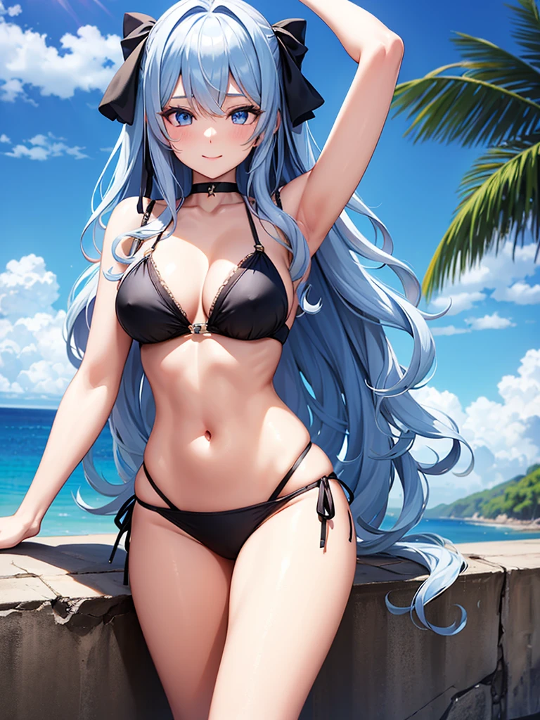 masterpiece, highest quality, Are standing, Lieselotte Cretia, light smile, long hair, wavy hair, bangs, hair between eyes, hair ribbon, blue eyes, (blue hair:1), black bikini, beach