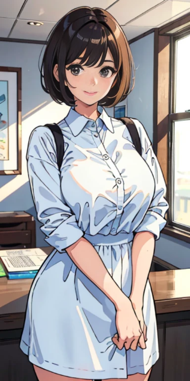 (Best Quality, 8k, Masterpiece: 1.3)), Sharp Focus, One Girl, Slim Beauty: 1.2, Brown Hair, (Short Hair), (Large: 1.5), (Layer Cut), Detailed Eyes, Double Eyelids, Cute Smile, Mouth Closed, Ultra Realistic, Ultra Detailed, High Quality, Highly Detailed Face and Skin Texture, Indoors, Living Room, ( Cute college girl with very short hair who works part-time as a tutor), (Casual adult clothes with a sense of cleanliness to do detailed tutoring), (Dress with a sense of cleanliness), (Baby face with appeal), Uneven body, from the front
