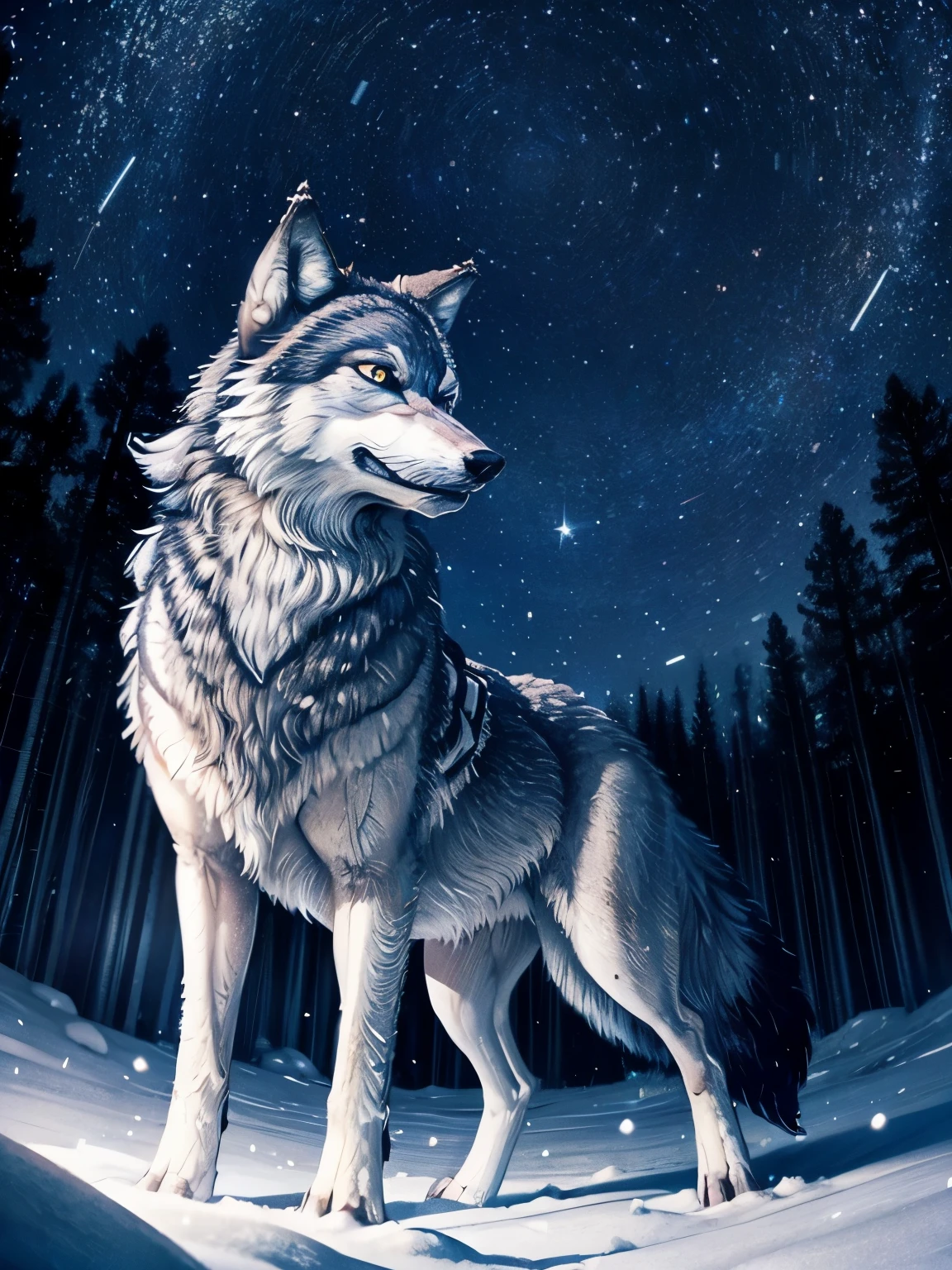 frozen forest, (cute),(wolf:1.5), animal focus,night, starry sky, (rotating star trails:1.2),(long exposures),dreamy scenes,extreme beauty,dim light,