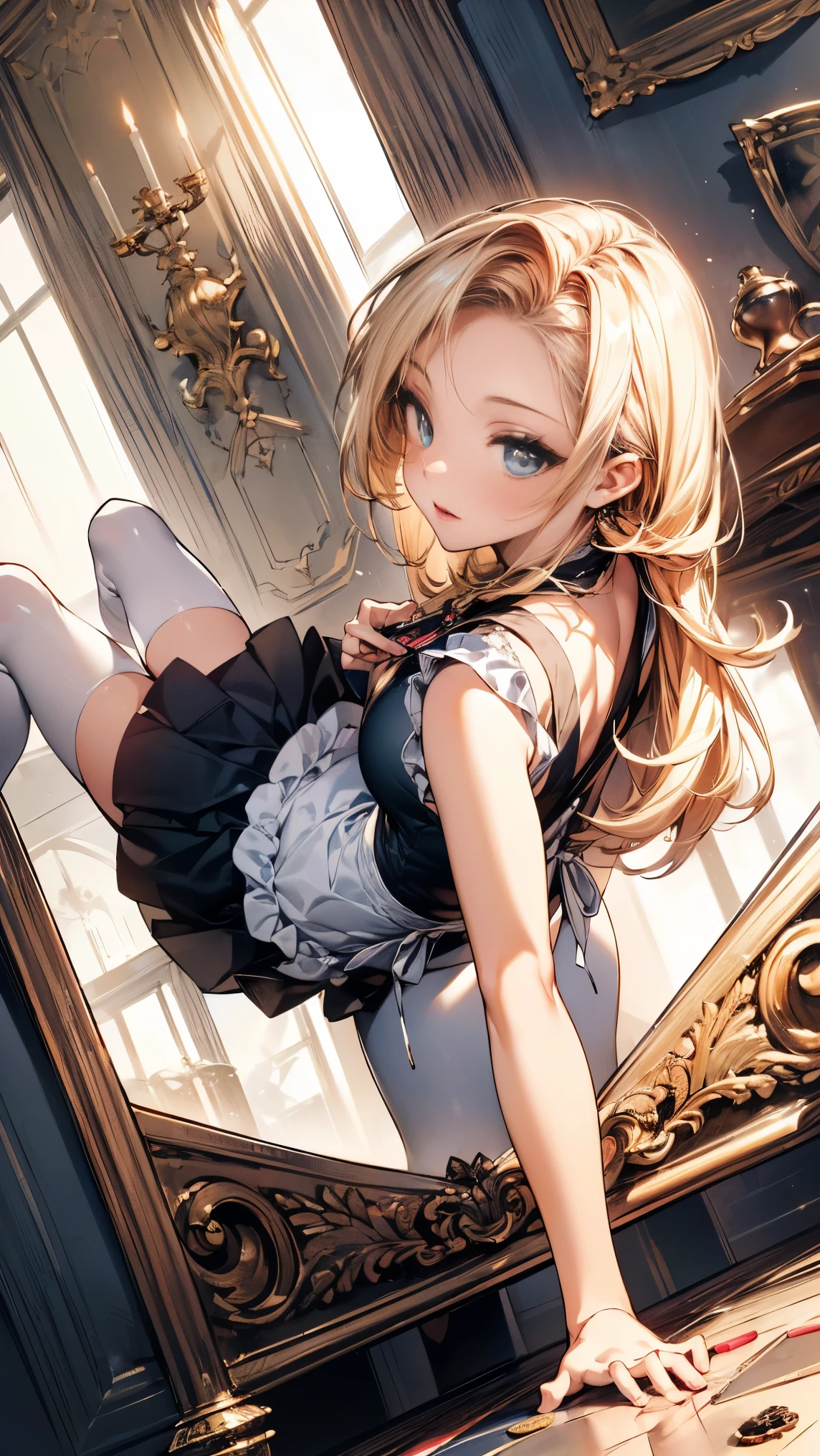 （long straight blonde hair）（Silver hair blue eyes）Girl with、beautifly、thinly、Flat、tall、（（Wearing a white sheer dress））、1人は長い髪、　Ladies、（（White sheer blouse、Black miniskirt））、Underwear bite、sexypose、Lower body slender、back view、Look at the window、1つ突き出す's buttocks、On all fours、Buttocks facing this way、Provocative