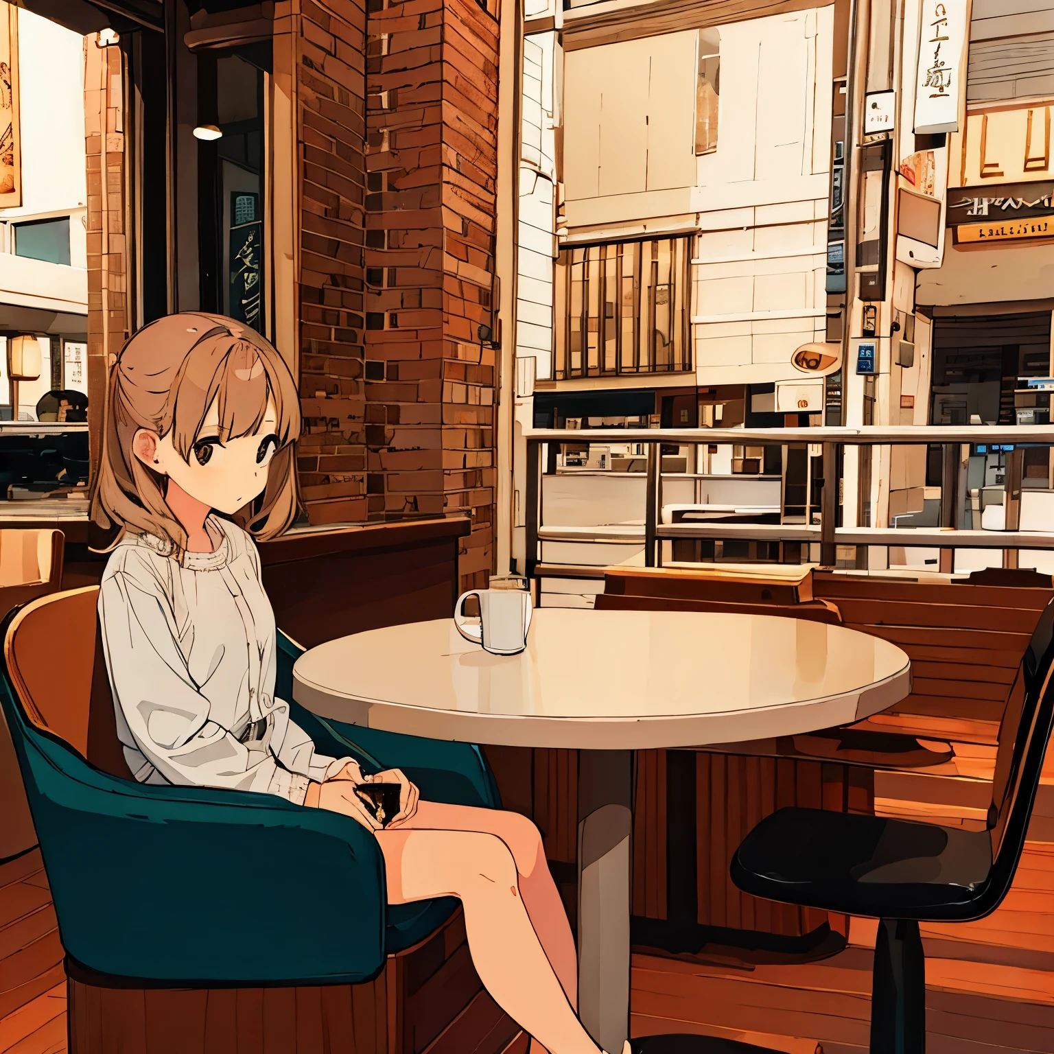 beige background、Take a seat in a café、the girl in the center、modern painting、Painterly、chic