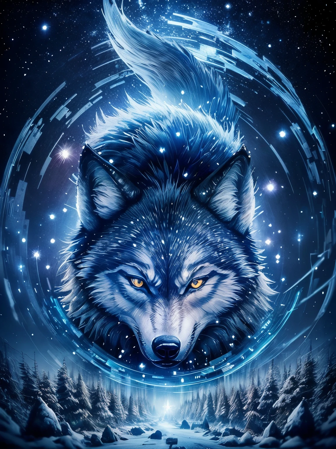 frozen forest, (cute),(wolf:1.5), animal focus,night, starry sky, (rotating star trails:1.2),(long exposures:1.2),dreamy scenes,extreme beauty,dim light,