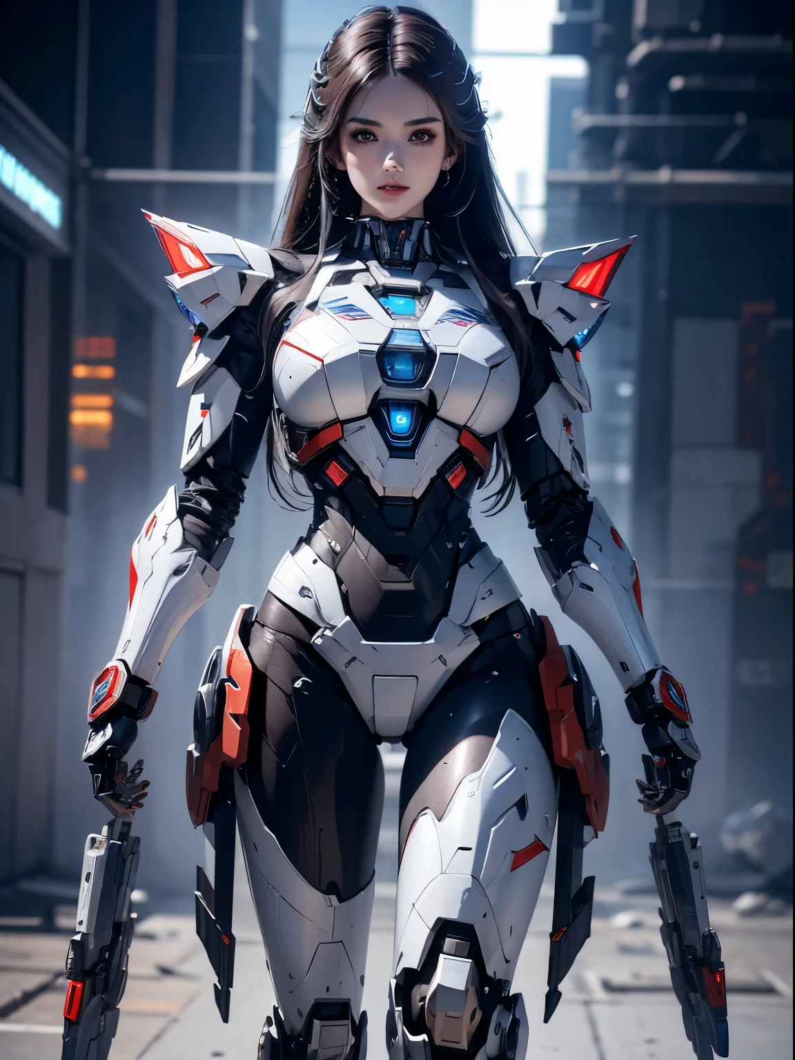 Super detailed, advanced details, high quality, better quality, High resolution, 1080P, hard disk, beautiful,(Iron Patriot),beautifulサイボーグの女性,Mecha cyborg ,battle mode, with mechanical body,She wears a futuristic Iron Patriot mech,full body shot