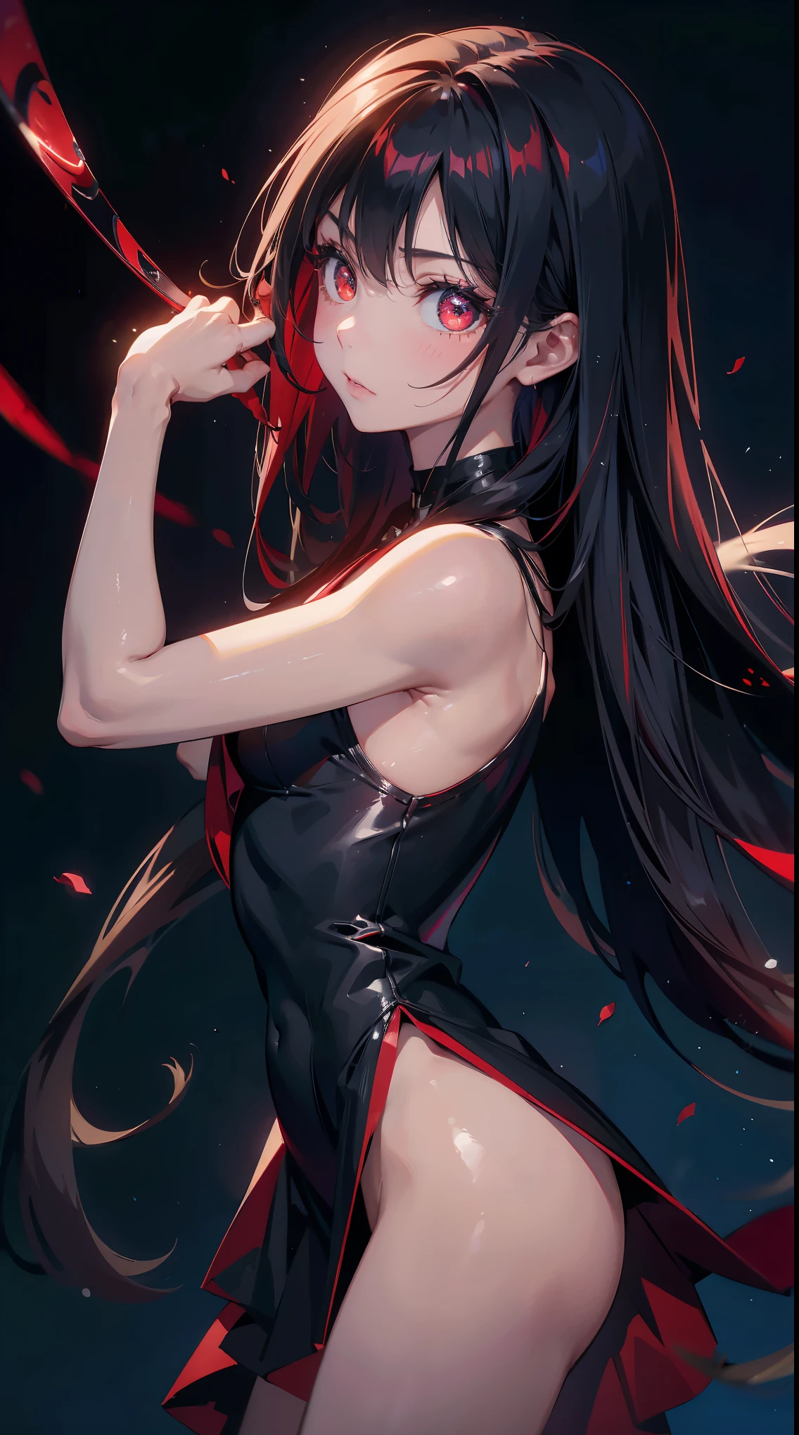 (Best Quality,4K,High resolution), 18yo woman, Red mesh hair on black hair, Shiny long straight hair, Innocence,sharp eye、red eyes、small nose、eye liner、 Luxury Black Silk Babydoll、Lonely face、Shoku、profile、slenderbody、Comical appearance,comic strip,animesque,Deformed cute illustration、Delicately expresses realistic skin texture、Muscle texture reproduction、Knife Art