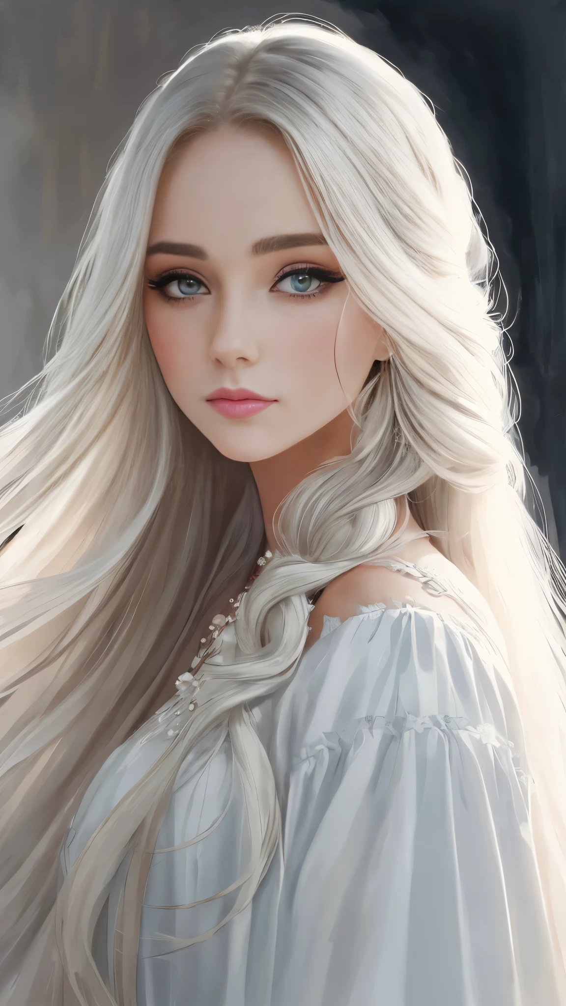 a painting of a woman with long hair and a white dress, stunning portrait, expressive beautiful portrait, gorgeous face portrait, gorgeous woman, beautiful portrait, beautiful art uhd 4 k, very beautiful portrait, beautiful face portrait, painting of beautiful, gorgeous portrait, watercolor digital painting, stunning woman, stunning face, beautiful portrait of a woman, impossibly beautiful portrait