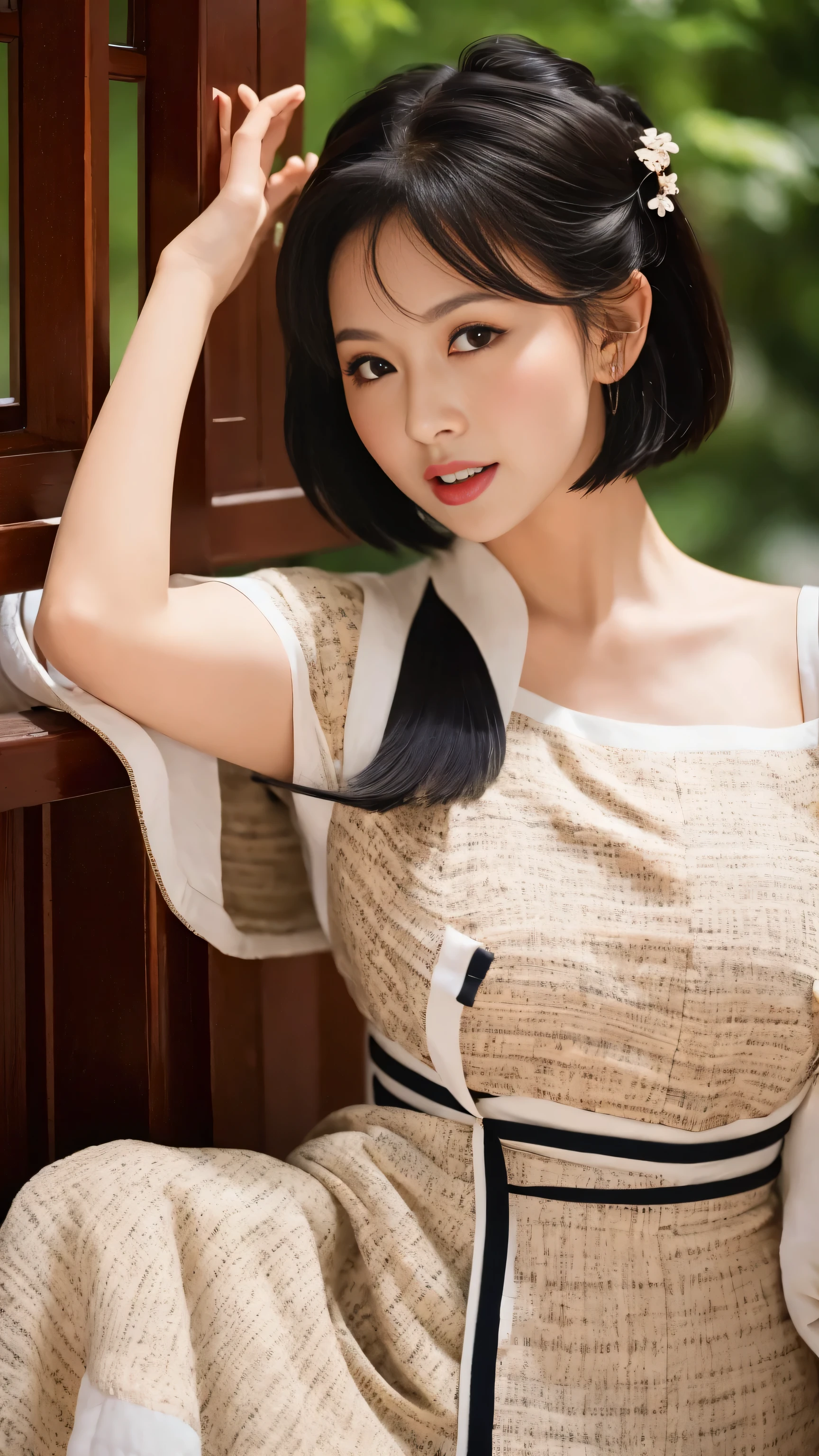 best picture quality,facial focus,soft light,ultra high resolution,(Photoreality:1.4),original photo,Highlight the valley Japanese girl,cute,(pupil,There is light in the eyes),Delicate and beautiful face,(Big ),(High-resolution detail of human skin texture),frolicking,cute的笑容,black and white patterned sweater (short bob white hair)、black and white patterned sweater、cow horn、leering、shiny skin、cute的笑容、In the straw of the prairie、 Damask shirt dress, (portrait)