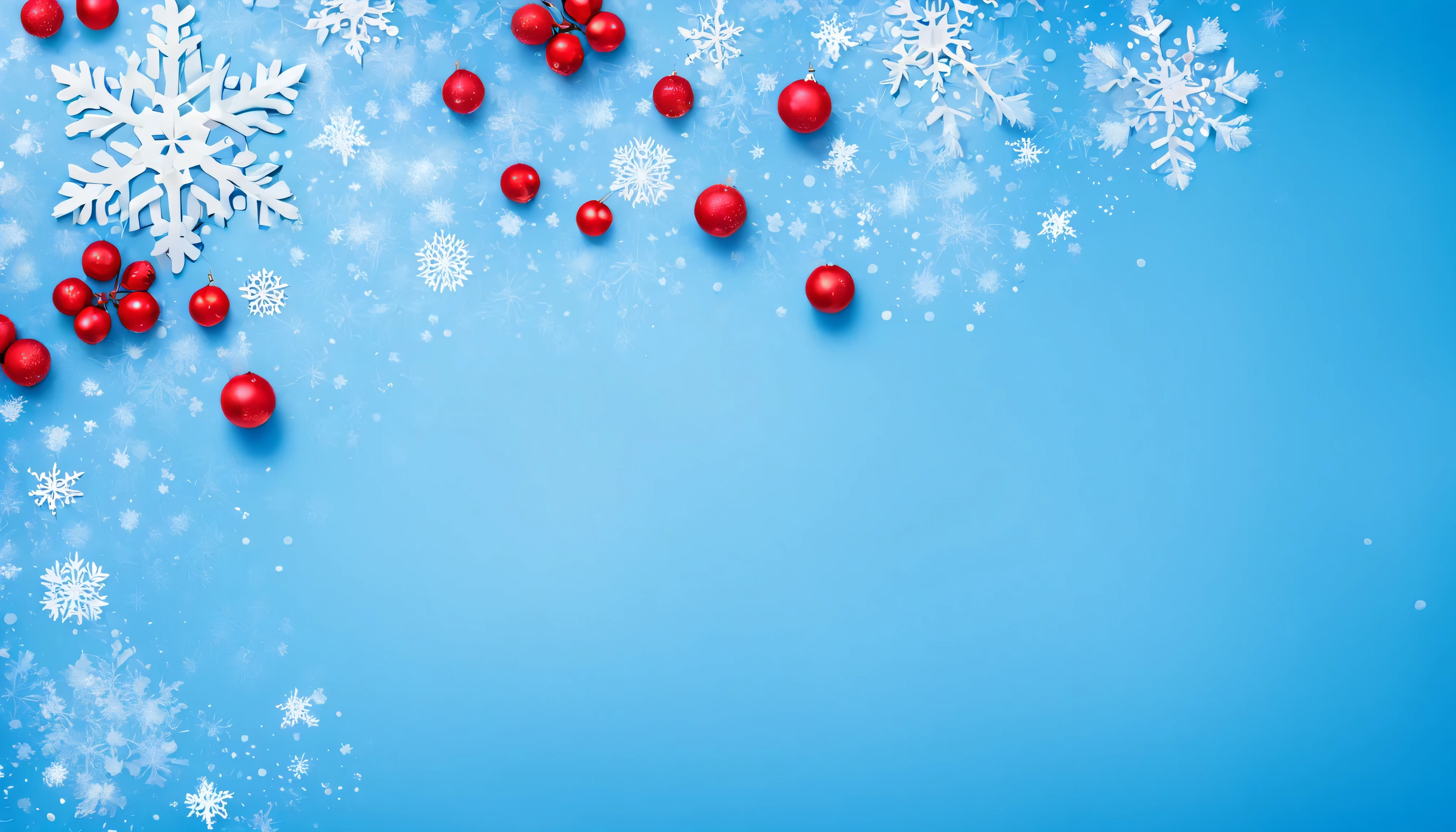 there is a sky blue background with snowflakes and red berries, holiday season, snowflakes, snowflakes falling, wrapped sky blue background, on a canva, solid background, with a sky blue background, decorations, instagram post, background image, holiday, red and blue color theme, ad image, on simple background,sky blue colors with red accents, solid color background intricate, snow flurry