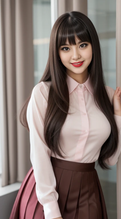 (masutepiece), Best Quality, Expressive eyes, Perfect face, young adult, (((((Female))))), Beautiful eyes, Brown eyes, Long black hair with curtain bangs, Office Skirt, Sexy, Pink costume. Smile, Tongue out, Slightly Chubby Body, Red lips