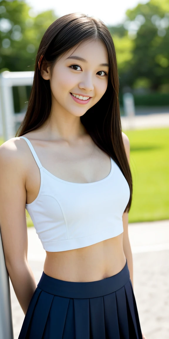 Lens: 135mm f1.8, (top quality), (beautiful -yeld Jaese girl), (moisturized lips), narrow eyes, double eyelids, delicate collarbone, flat chest, smile, (spotted Sunlight: not 1.2), Professional lighting, (Small figure), (Tanned skin: 0.2), Full body photo, ((Full body focus)), (Kneeling), Neat honor student, Gradual body, (V-neck T-shirt) Shirt: 1.5), various hairstyles, sunny summer sandy beach, very, very small breasts, undeveloped breasts, very cute, very young, belly button exposed, lower body in underwear