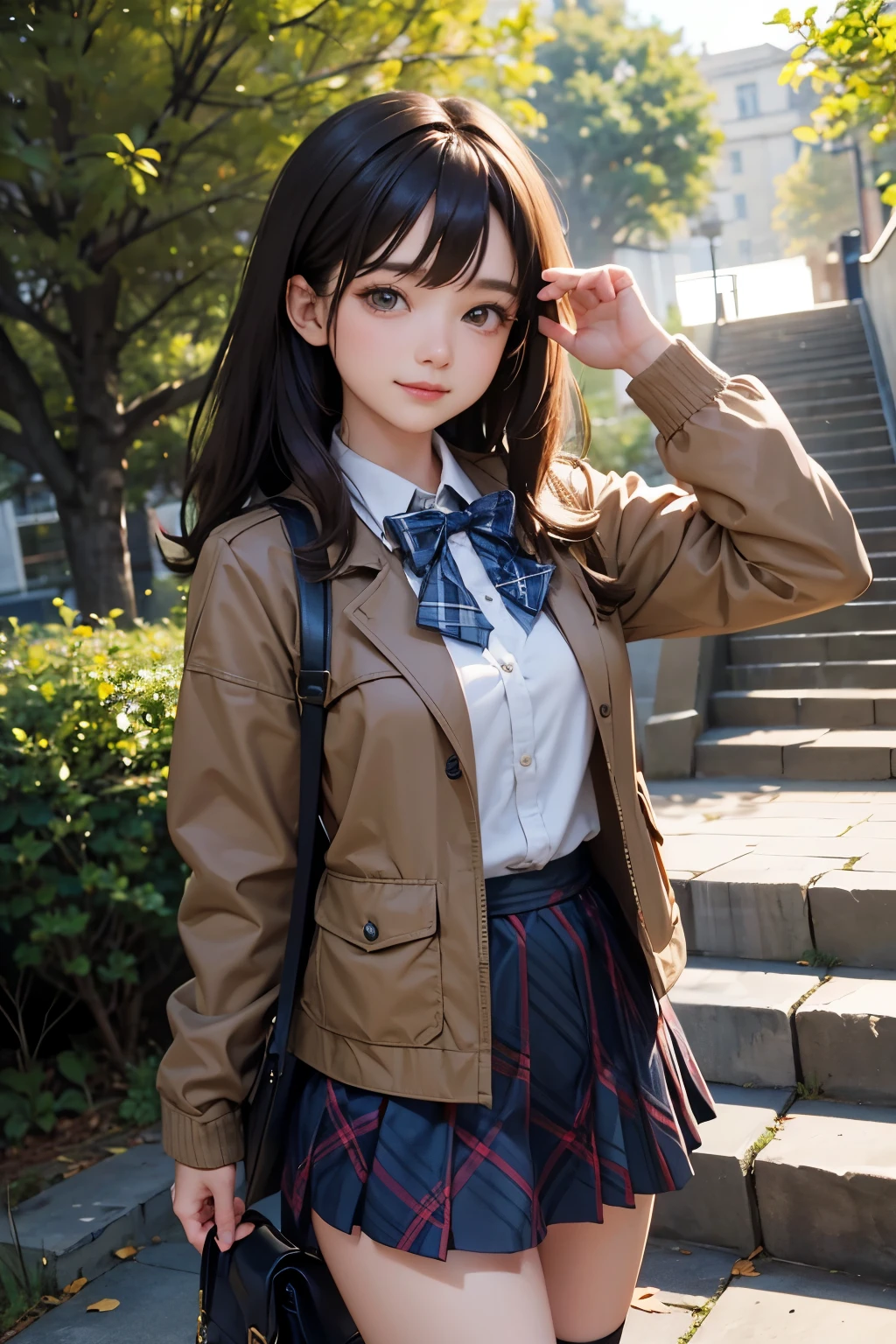 very cute and beautiful girl,(highly detailed beautiful face and eyes:1.2),(smile:1.2),happy,cowboy shot,
(brown jacket:1.2),collared shirt,plaid bowtie BREAK detailed legs,zettai ryouiki,brown shoulder bag,brown boots,
stylish pose,dynamic angle,hair ornament,black hair,(blue plaid mini skirt:1.2),arbor in rose garden,stone stairs,
(best quality,masterpiece:1.2),absurdres,highres,ultra-detailed,extremely detailed,32k,8k resolution,
intricate details,cinematic scene,detailed background,solo,dynamic angle,
solo,natural lighting,hair fluttering in the wind,beautiful detailed sky,perfect hands,