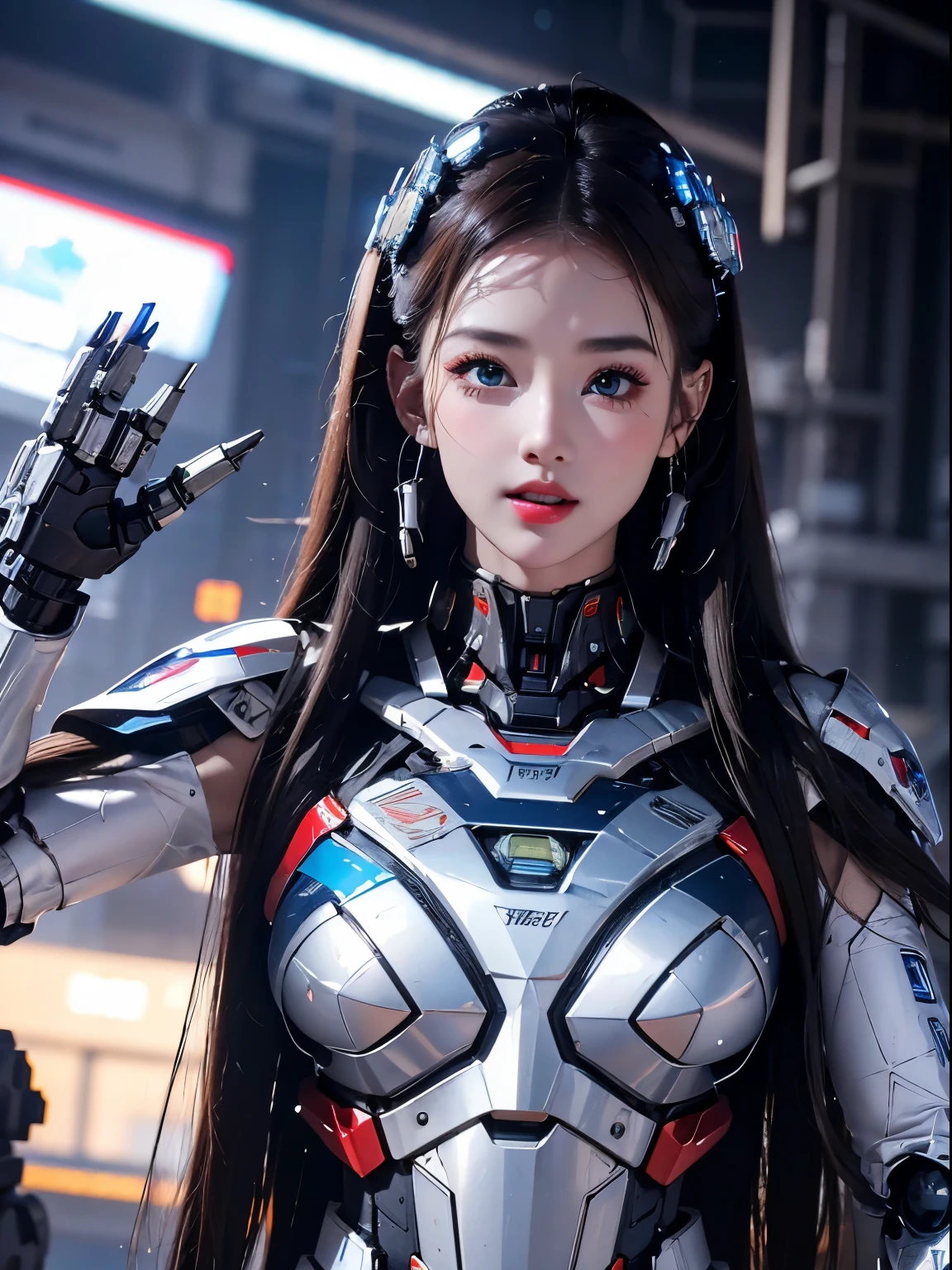 Super detailed, advanced details, high quality, better quality, High resolution, 1080P, hard disk, beautiful,(Iron Patriot),beautifulサイボーグの女性,Mecha cyborg ,battle mode, with mechanical body,She wears a futuristic Iron Patriot mech,full body shot