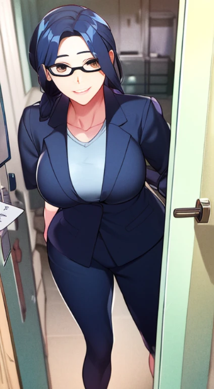 (SFW), masterpiece, best quality, highres 64k, professional artwork, famous artwork, clean, cinematic lighting, beautiful eyes + detail, beautiful hair + detail, (sexy young female body:1.4), (sexy breasts), lactation, happy:1.3, smile:1.3, sexy looking at the viewer, sexy lips, floating hair, (((Anosillus ii))),brown eyes, glasses, office lady, jacket, black pants, indoors, doorway, door open, (Welcome home)