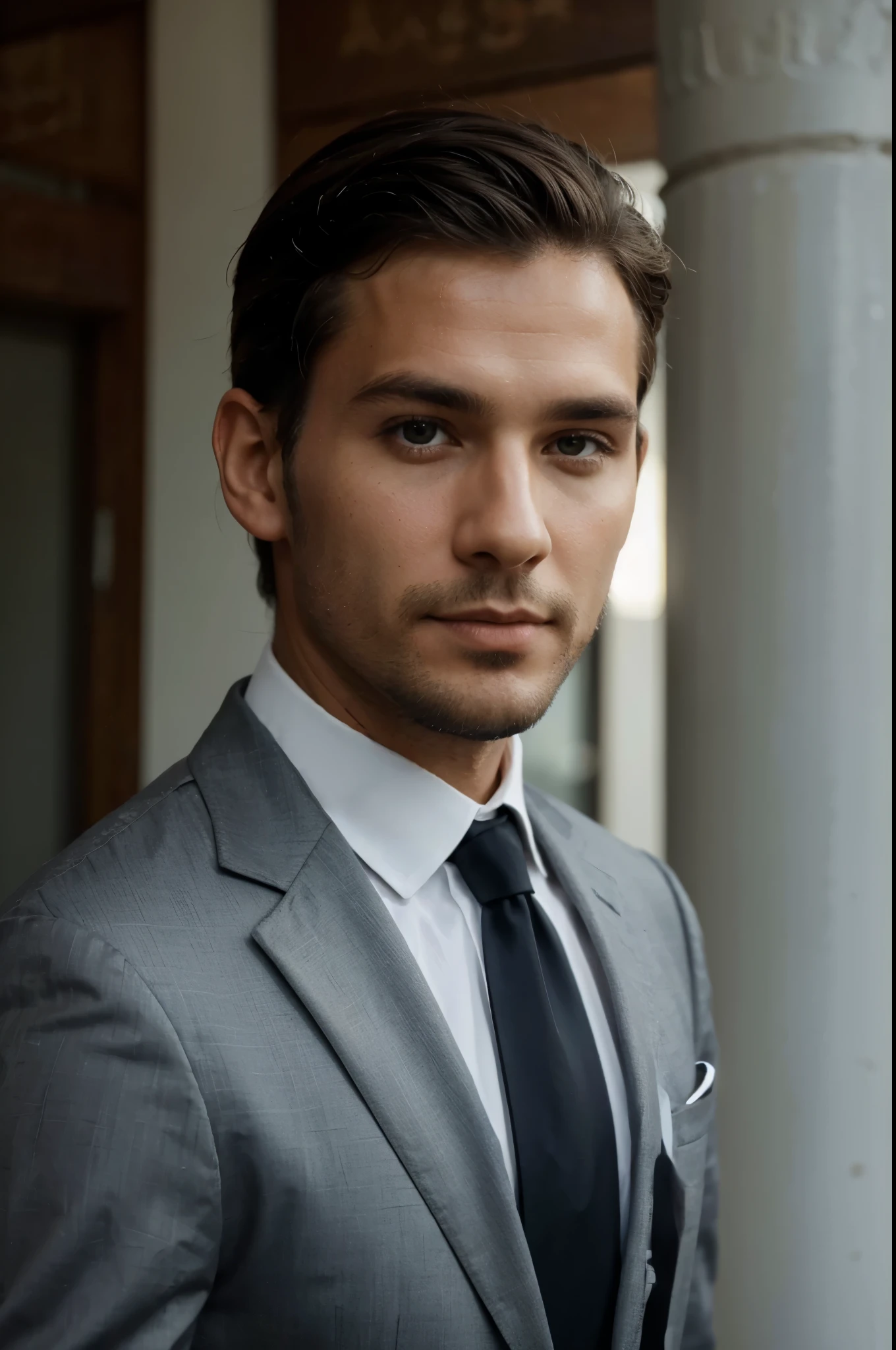 Close de um lindo ( German man ) de terno e gravata tirando uma foto. Cabelo curto e retratos de alta qualidade Cabelo curto e barba prateada Modelo bem cuidado Ele tem cerca de 30 anos. terno elegante. Homem da alta moda. apelo.