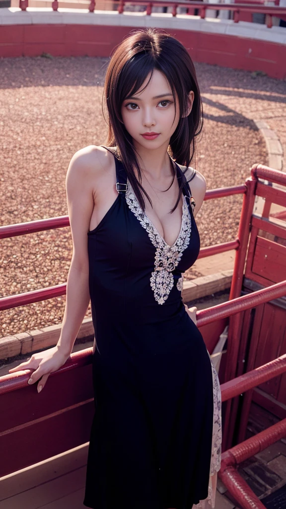(Japanese idol, 1 girl, unparalleled beauty, Seduce, smile, small face, perfect style, Body based on human mechanics, Raw photo, real person:1.4) photograph, (professional lighting), (((highly detailed eyes and face))), ((double eyelids)), (Tits sharp focus:1.4), (black hair, ponytail, elegant light makeup, eyeliner, mascara:1.4), huge , shiny skin, 20-year-old, ((slim body, slender)), (one piece dress, stand in the bullring, Tifa Lockhart lookalike:1.4), attractive face, NSFW, ,