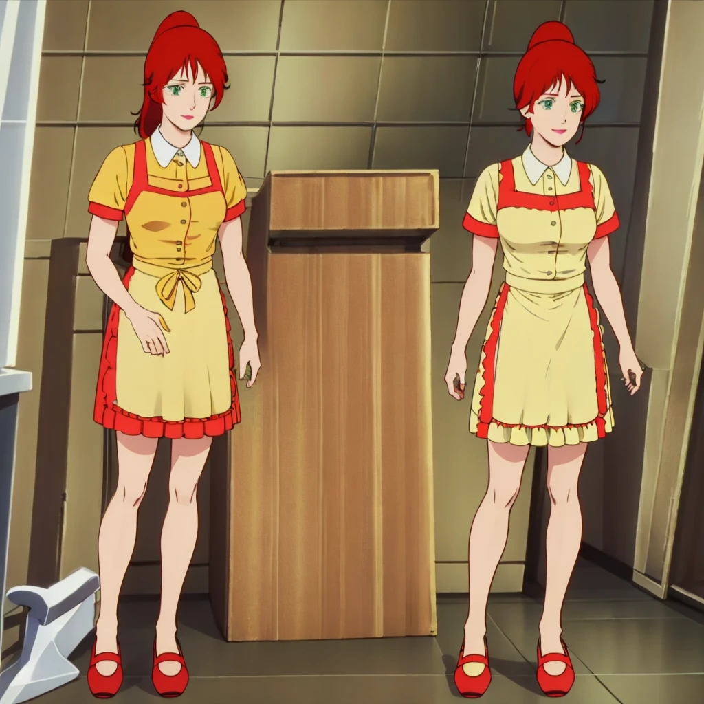 masterpiece,high quality,solo,
cecilia,1woman,
long hair,high ponytail,red hairbangs,green eyes,lipstick,
waitress,yellow uniform,collared dress,buttons,short sleeves,layered sleeves,apron,frill,
shoes,
full body,
smile,
indoors,