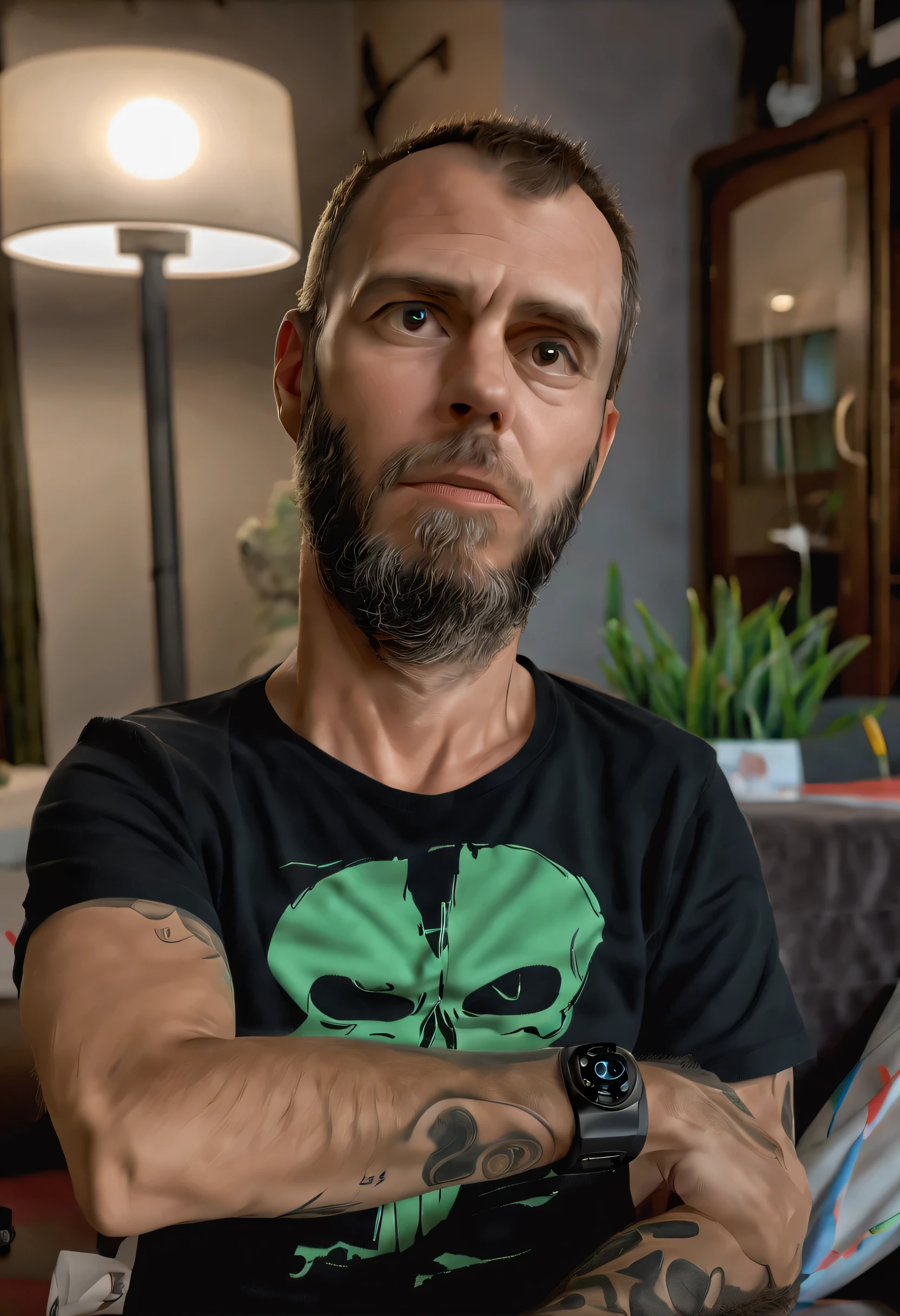 (((highly detailed, best quality)), ((4k, UHD, HDR, photorealistic, retina, ccurate, anatomically correct)), at night), a man, Jack, 43 Years of Age with black t-shirt, detailed room, playing xbox, vivid colours, detailed face, ,textured skin, detailed skin, realistic detailed , detailed body