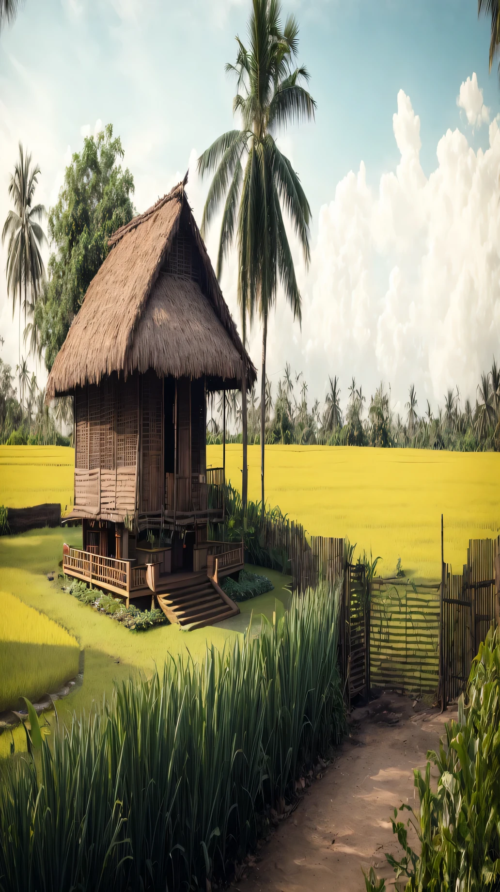 there is a small hut with a thatched roof in a field, countryside, bamboo huts, malaysia with a paddy field, laos, old asian village, village house with stairs, colonial house in background, tropical location, in the countryside, rural landscape, farm land, kerala village, rustic, rural splendor, village, country landscape, vietnam, small cottage in the foreground, small pineapple gardens