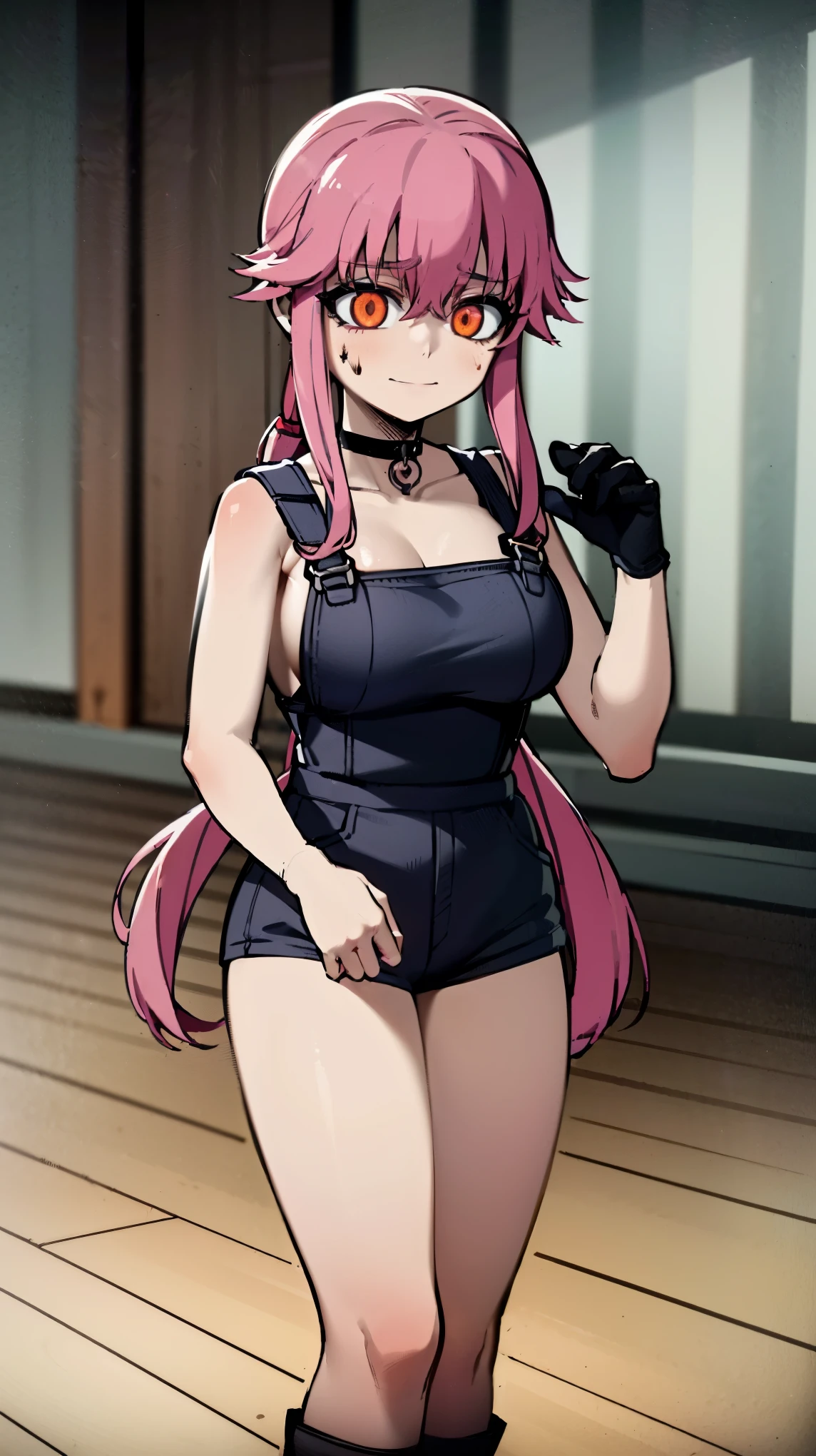 anime_still, masterpiece, best quality, 1girl, Gasai Yuno, long hair, pink hair, low twintails, smile, naked, red eyes, (large breasts:1.5),1girl, black choker, dark grey, (overalls:1.25), leather gloves, black boots, ((nigth:1.5)), (chasing you through the woods BY yuno gasai), moonlight, blood on floor, horror scane, (horror movie post:1.5) (evil eyes:1.6), (horror_movies:1.5), (woods:1.6),(dark:1.7), (out_boorlood on hands:1.5), (blood stain:1.25), (black face mask:1.25), 