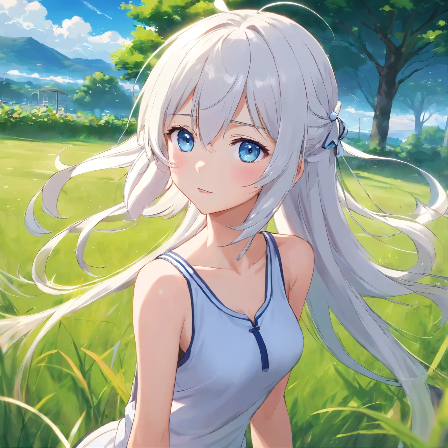 Woman with long white hair and blue eyes standing on the grass，Anime visuals of cute girls, white hair girl, perfect gray haired girl, White-haired God, white hair, fleet collection style, Anime Cloud, 年轻的anime girl, Anime cute art style, anime best girls, (anime girl), 一个anime girl, white hair girl，Flowing white hair，Small breasts，sleeveless、camisole，, (8k, original photography, top quality, ​Masterpiece:1.2), (realistic, Realism:1.37), Super detailed, 1 girl, solo, cute little, beautiful detailed sky,primary school student