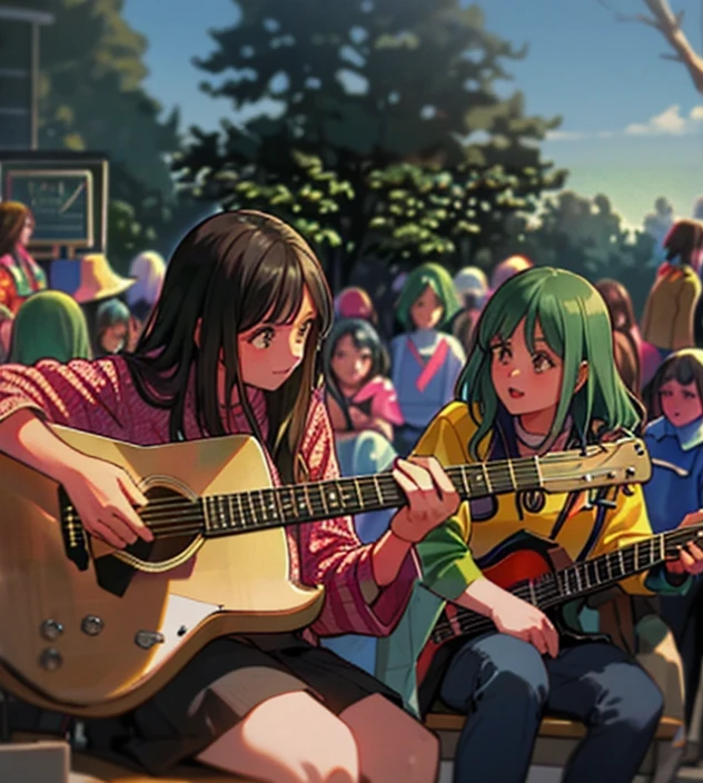 Blue sky and rest of the tree branches, bottom part of girls playing guitar 