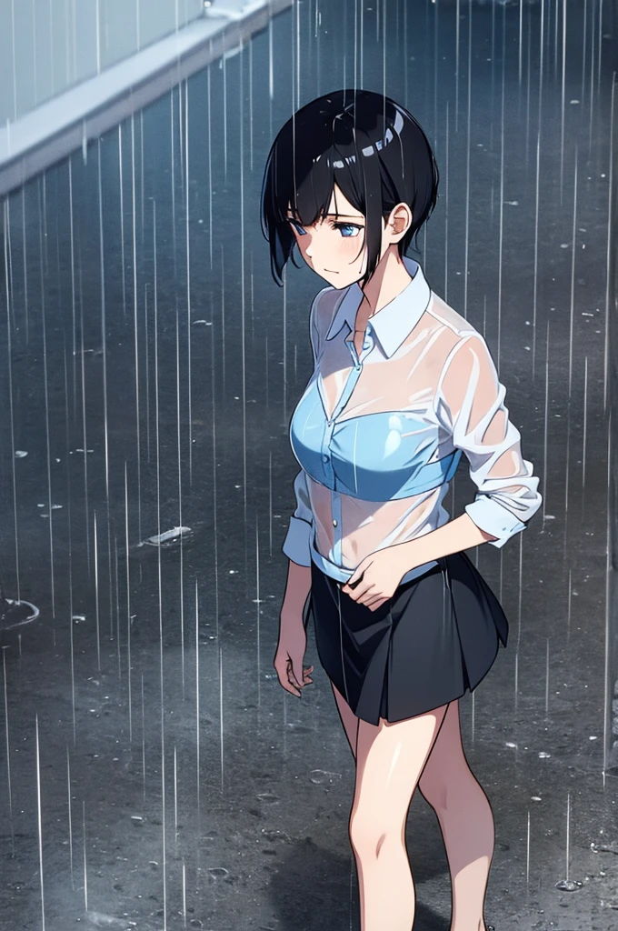 1girl, short black hair, short skirt, wet tops, blue bra, walking in the rain