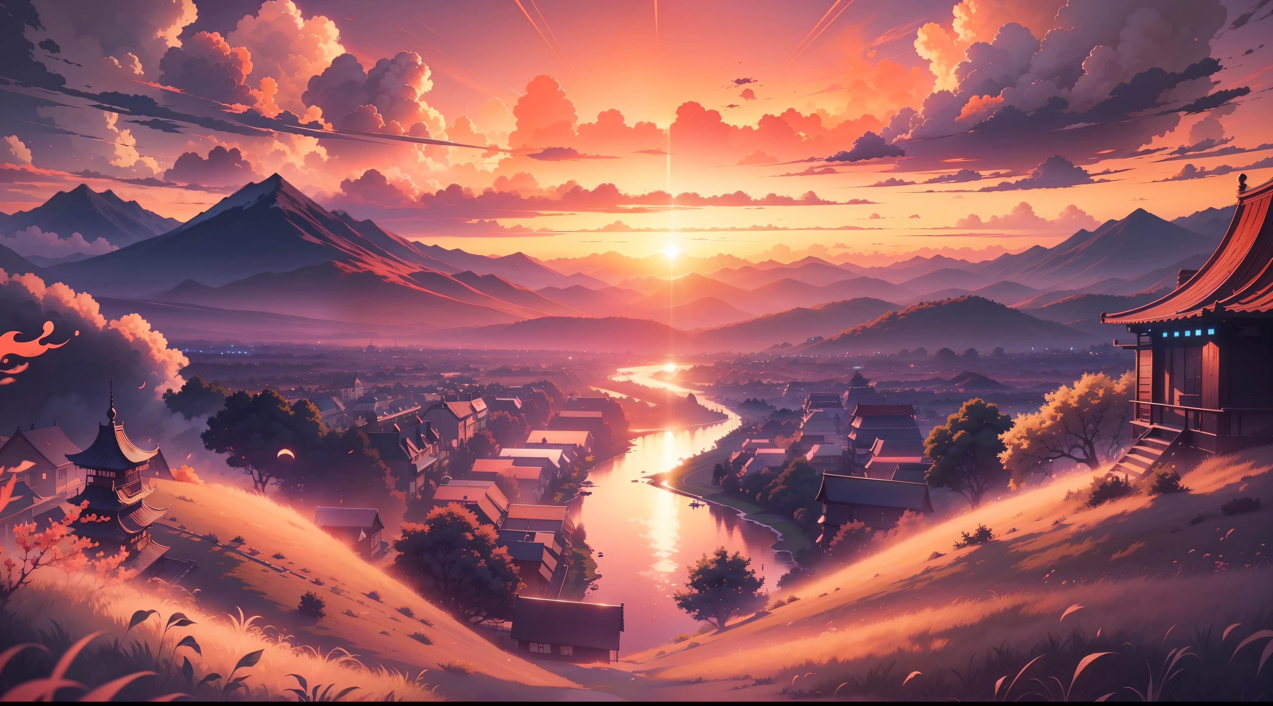 Anime-style landscape,hiyao miyazaki,((highest quality)),k hd,Wallpapers,Shiny,scenecy,without humans,Skysky,Block cloud,exteriors,(((the sunset))),