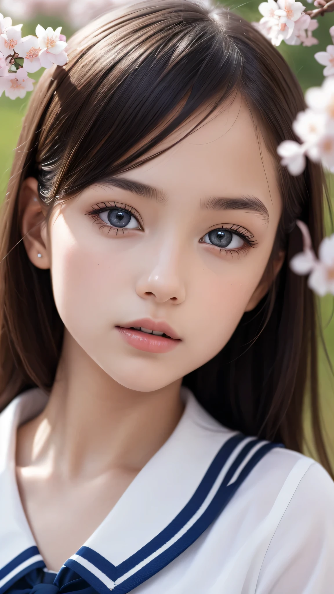 (1young girl), Amazing face and eyes, (amazingly beautiful girl), (Best Quality:1.4), (Ultra-detailed), (extremely detailed CG unified 8k wallpaper), Highly detailed, High-definition raw color photos, Professional Photography, sailor uniform, school uniform, School, Spring, cherry blossoms,