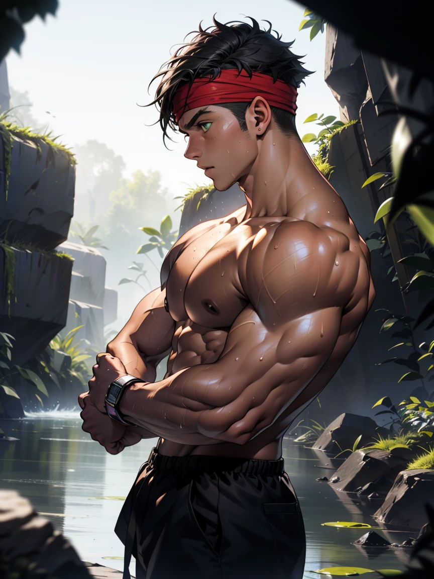 (Masterpiece, Best quality, 18 year old boy, 8k, ultra-detailed, (bust shot)), (from side, looking away, worm eyes, thin lips), (1 boy, solo), Young, (teenager), (Dark Short straight hair, under cut, black eyes), Shirtless, topless, (torn Green headband), (Depth of field:1.2), (Abs, chest, upper arms), (topless male), man with martial arts stance, athretic body, (background: inside caves, night), sweat