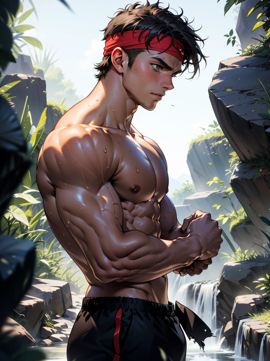 (Masterpiece, Best quality, 18 year old boy, 8k, ultra-detailed, (bust shot)), (from side, looking away, worm eyes, thin lips), (1 boy, solo), Young, (teenager), (Dark Short straight hair, under cut, black eyes), Shirtless, topless, (torn Green headband), (Depth of field:1.2), (Abs, chest, upper arms), (topless male), man with martial arts stance, athretic body, (background: inside caves, night), sweat