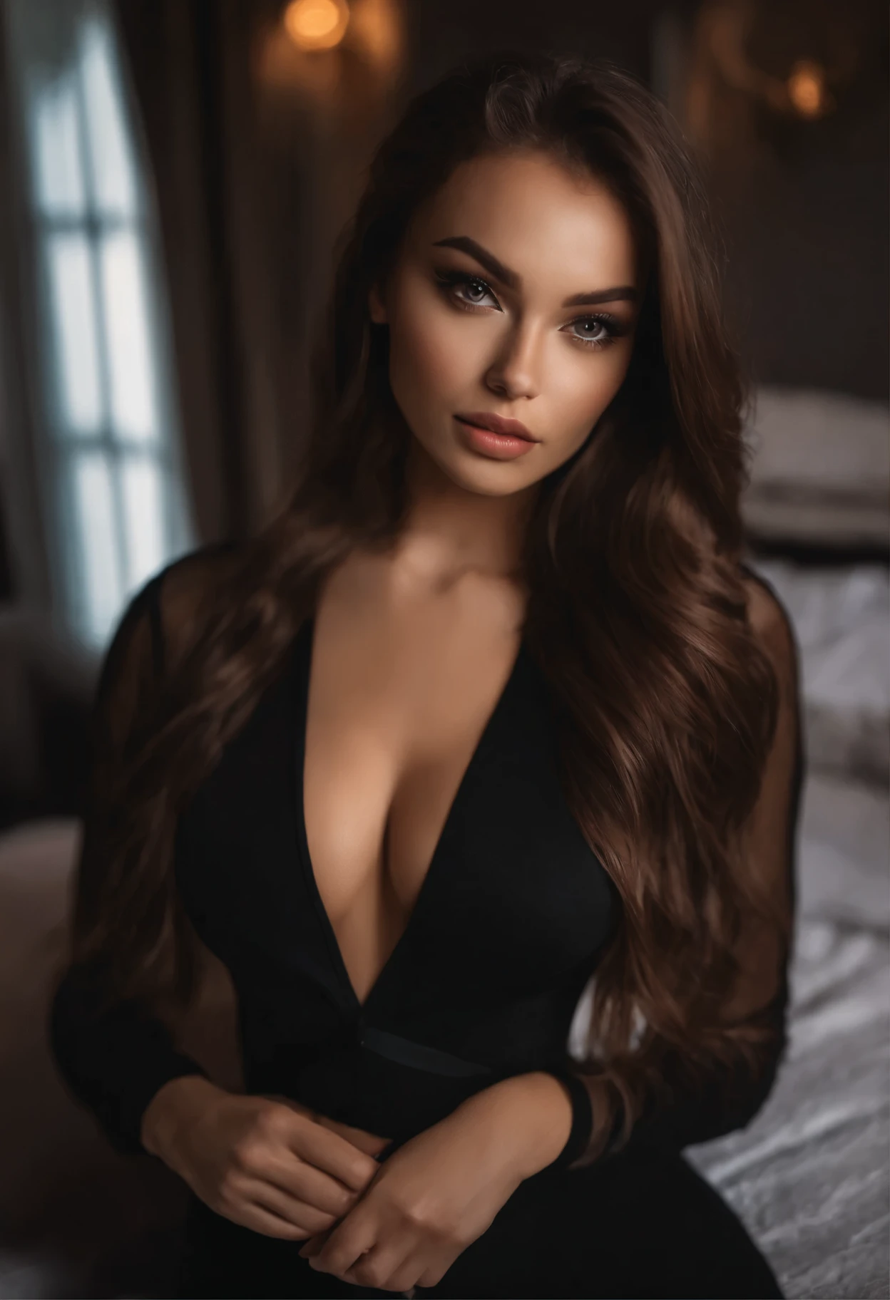 Arafierte Frau mit schwarzer Kleidung, Sexy girl with brown eyes, Portrait of Sophie Mudd, brown hair and big eyes, Selfie einer jungen Frau, Schlafzimmer Augen, Violet Myers, ohne Makeup, natural makeup, Blick direkt in die Kamera, Gesicht mit Artgram, Dezentes Make-up, Stunning full body photo, im Schlafzimmer, Dekollete, im Club