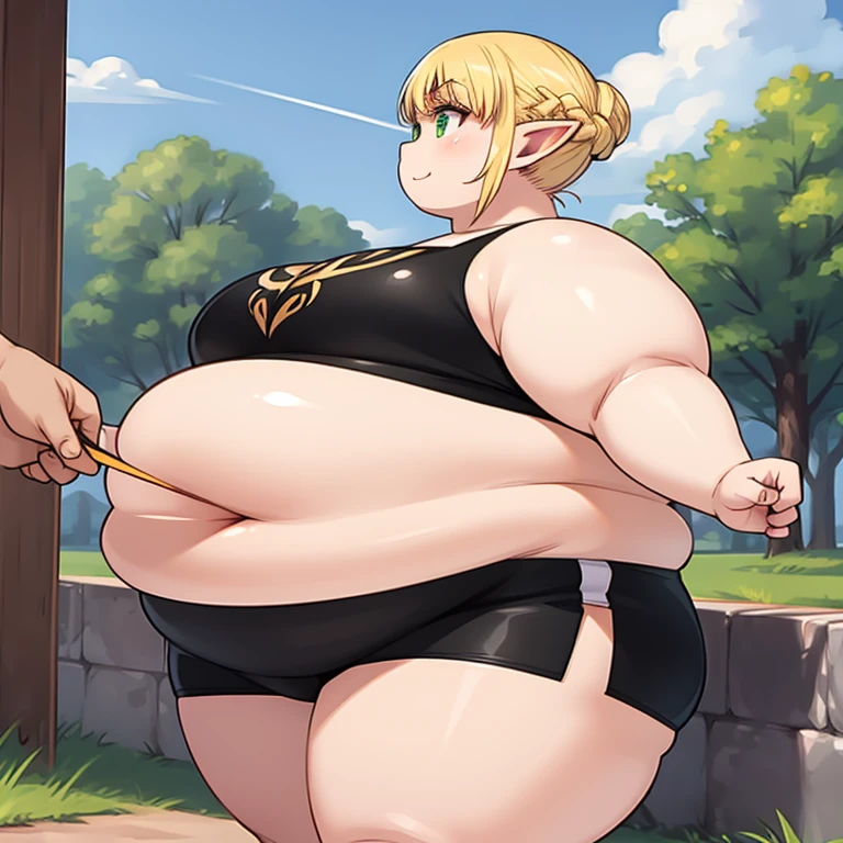 1 solo girl, chubby erufuda, short hair, pointy ears, obese elf, blonde hair, (green eyes:1.5), braid, chubby body, smile, hot, chubby belly, thick thighs, very cute, profile picture, 4K