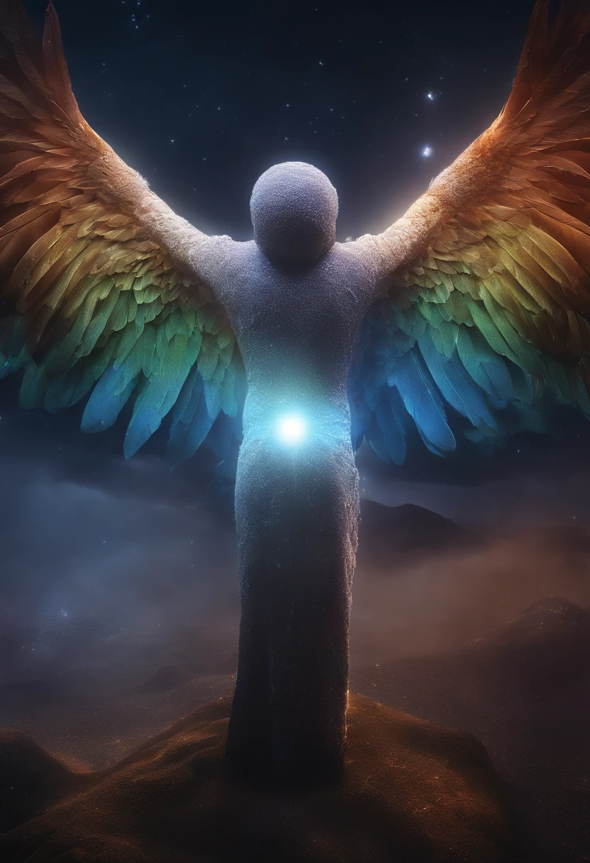 Wings from rice balls,Shining rice ball cosmic fallen angel, shining eyes of light, biomechanical, spooky, Spooky, nightmarish, very bright colors, particles of light, with luminous light, Musif, wallpaper art, UHD Wallpapers,Wings from rice balls