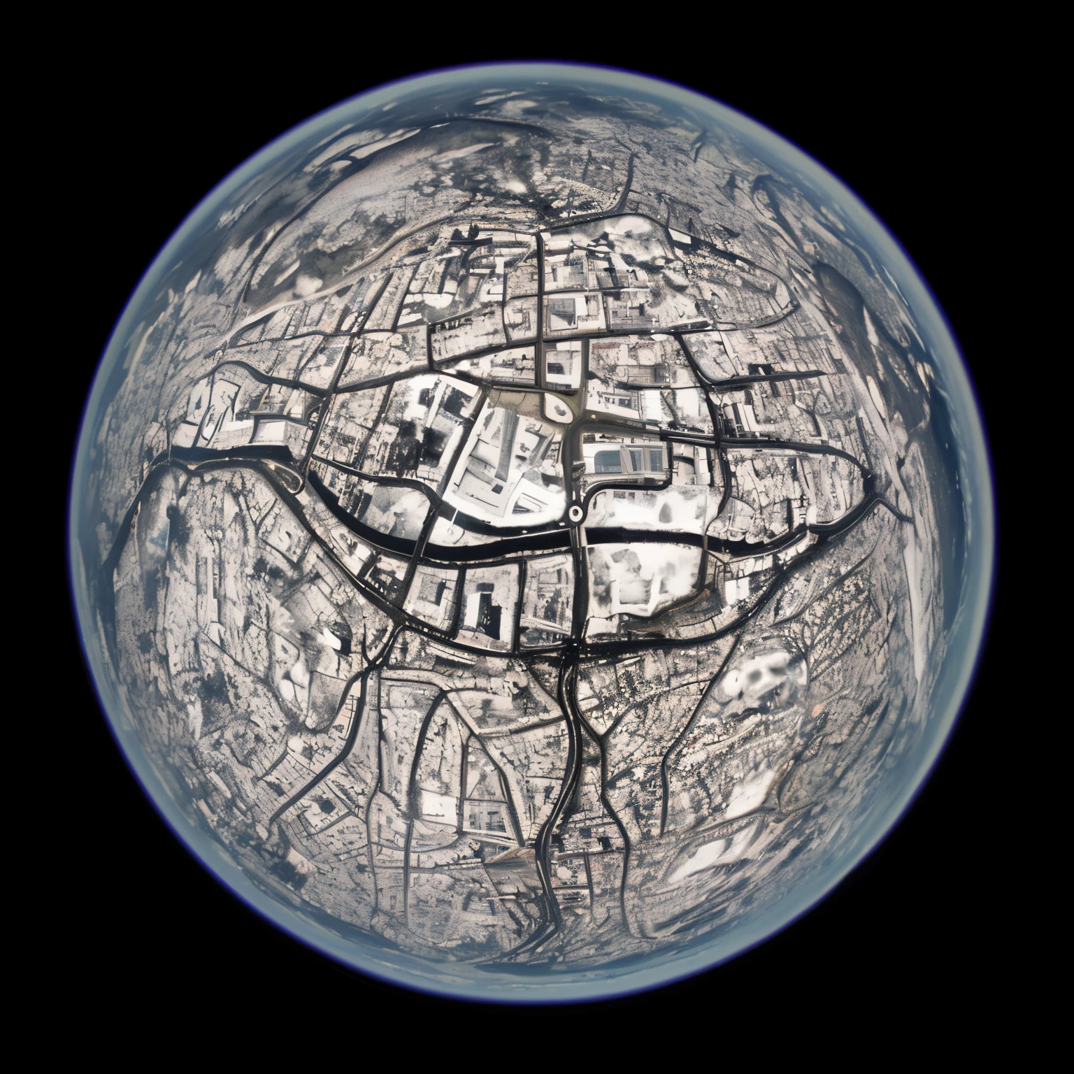 Cityscape seen through a fisheye lens, Rail cityscape, planetary city, entire city visible, viewed from earth, Aerial View, Aerial View, Aerial View, Aerial View of a city, satellite view, Small planet, Aerial View, Cape Holland seen from space, Earth visible below