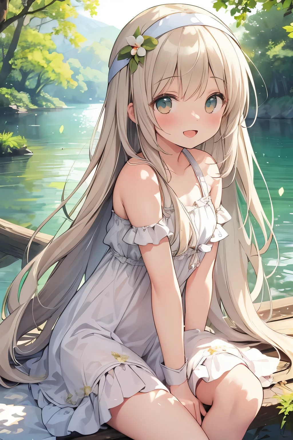 score_9, anime coloring, 1girl, unicorn girl, solo, white unicorn horn, grey white eyes, tareme, sacred existence, untouchable, kneeling, looking back, head tilt, platinum blonde longhair, hair over eye, holy sundress, medium breast, upper body, albino, shiny skin, pale skin, secluded regions, small lake, forest, kneeling on lake surface, sunlight shadow, dof, close up, close range