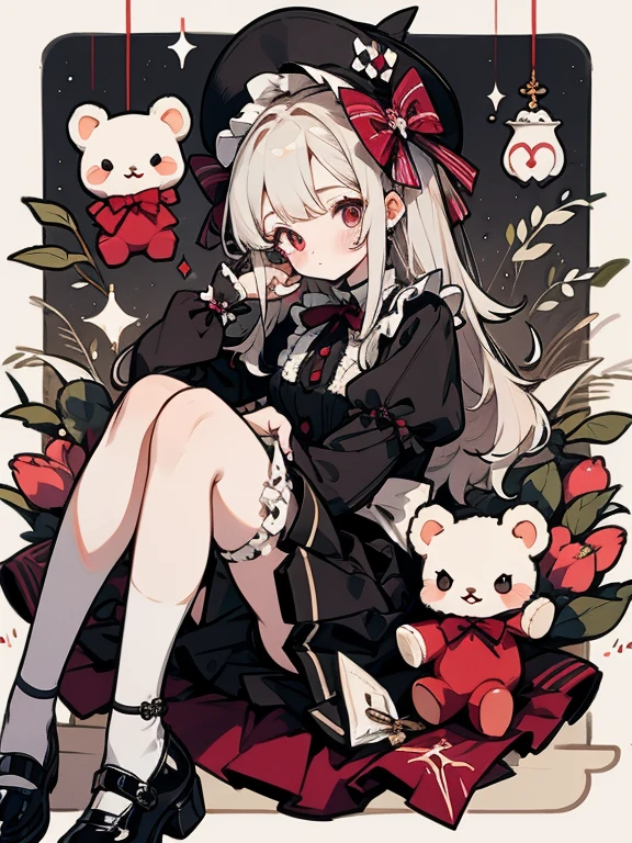 bear tulip cherries one girl fluffy frills knees miniskirt stuffed toy cute high quality high resolution uniform Gothic Lolita cherry accessories two knots hair arrangement