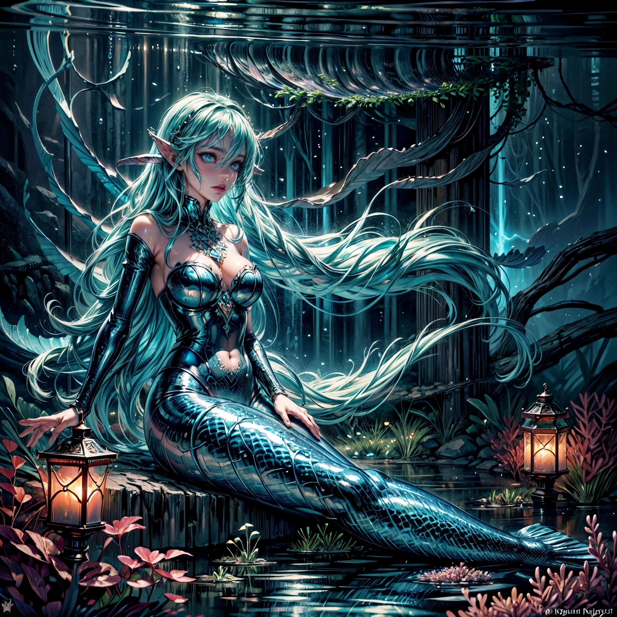high details, best quality, 16k, [ultra detailed], masterpiece, best quality, (extremely detailed), full body, ultra wide shot, RAW, photorealistic, fantasy art, dnd art, rpg art, realistic art, an ultra wide picture of a mermaid (1.5 intricate details, Masterpiece, best quality) water mage casting ((water control spell)), water wizard ((water magic, intense magic details)), ((controlling a swirling mass of water)), magical symbols GlowingRunes_pink, female mermaid, blue skin, green hair, long hair, swirling hair, lower body tail fin, intense eyes, small pointed ears, ((blue eyes)), ((glowing eyes)), armed with magical wand, wearing sea shell clothing, beautiful mermaid, underwater background, rich underwater life, ((magical atmosphere)), fish and sea weeds, high details, best quality, highres, ultra wide angle