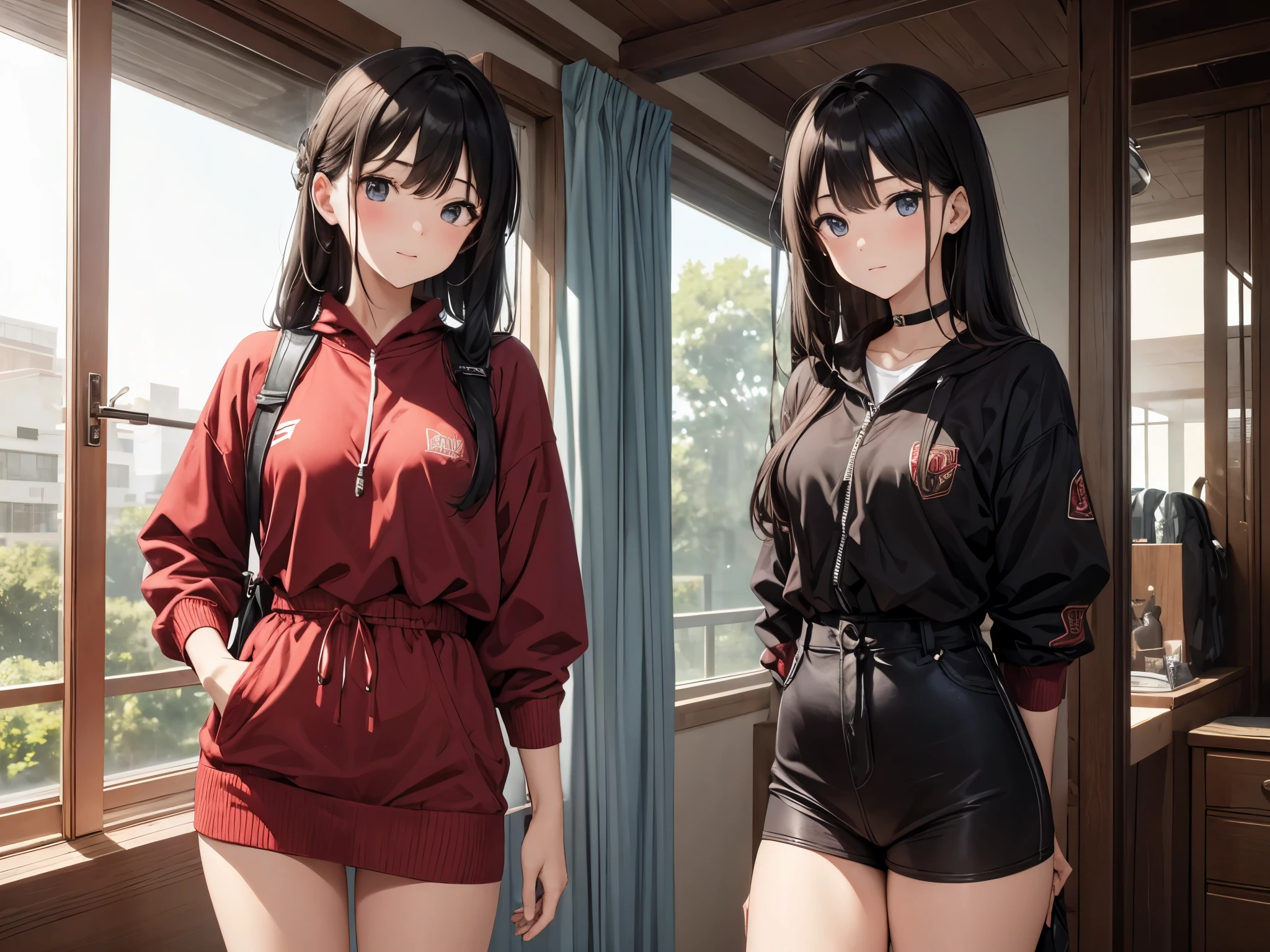 masterpiece, twain, girl, standing side by side, missimilar hairstyle, missimilar eye color, missimilar outfit,
