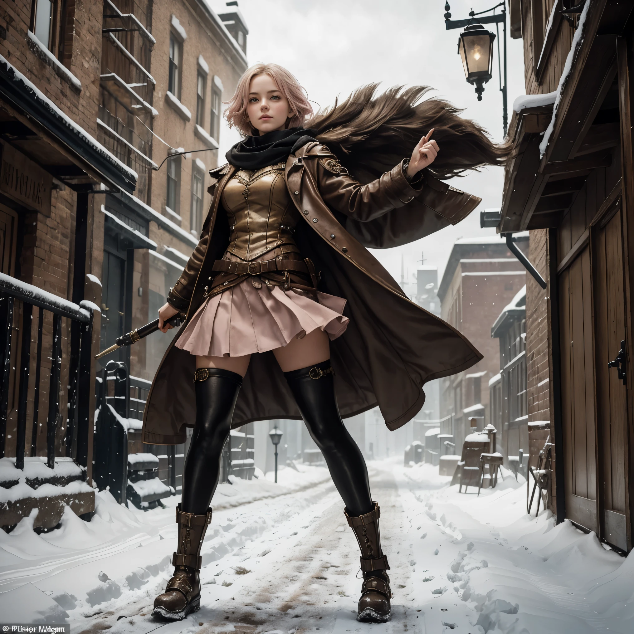 Imagine a new character: a young girl, , of stature, with a rosy white complexion that contrasts with her very short, blonde hair. She's adorned in a vibrant pink skirt, paired with a sturdy brown leather jacket and a beige hooded cloak. Carrying a few daggers, she confidently strides through the snow-covered streets of a steampunk city.
This intrepid girl, captured in a full-body image, navigates through the city where colossal gears turn, steam pipes release plumes of smoke, and gas lamps illuminate the path. The hood of her cloak partially shields her face, adding an air of mystery as she moves gracefully through the chilly and enigmatic steampunk environment, showcasing her combat skills with the daggers in tow.