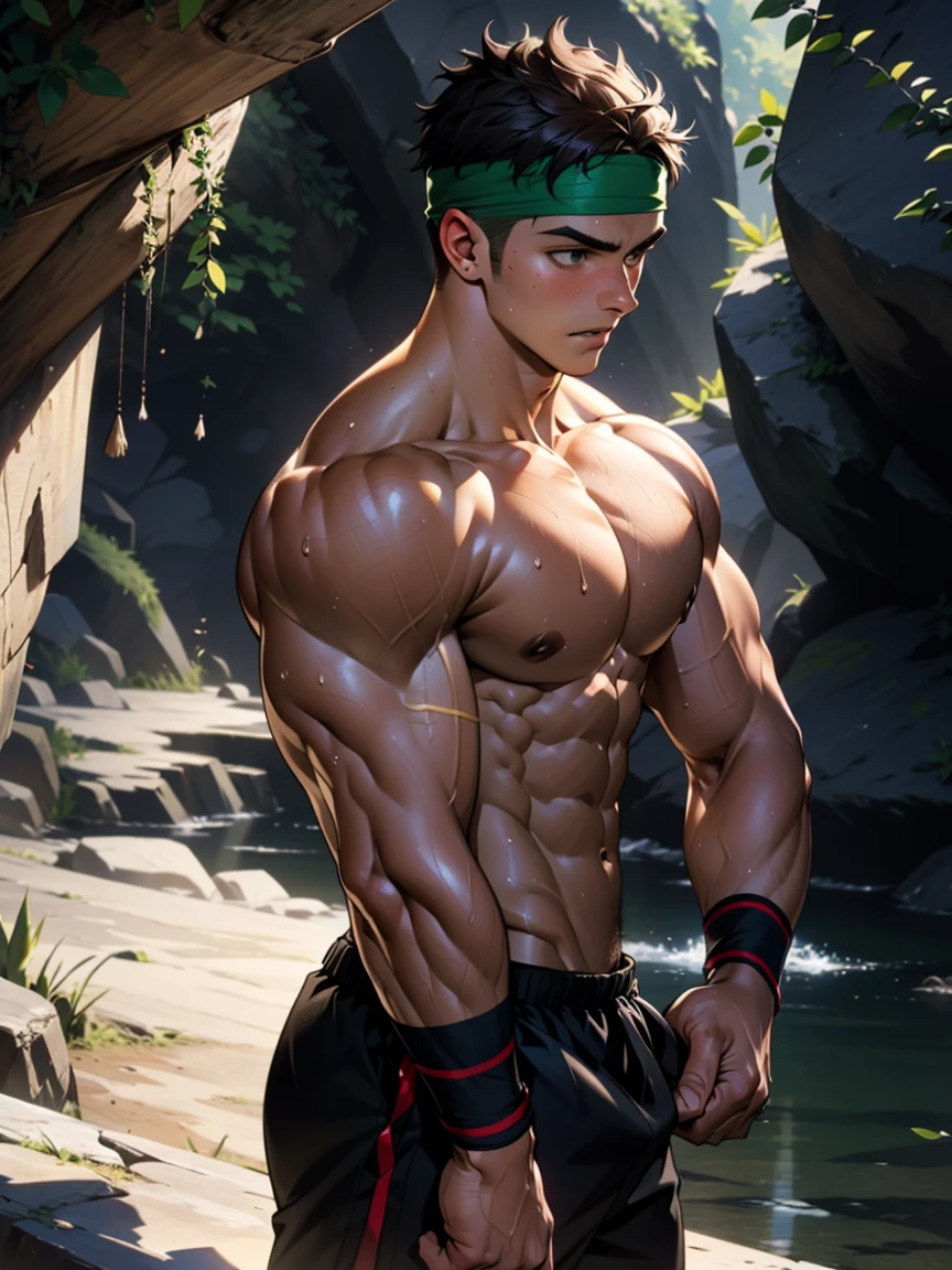 (Masterpiece, Best quality, 18 year old boy, 8k, ultra-detailed, (bust shot)), (from side, looking away, worm eyes, thin lips), (1 boy, solo), Young, (ager), (Dark Short straight hair, under cut, black eyes), Shirtless, topless, (Green headband, Black wristband), (Depth of field:1.2), (Abs, chest, upper arms), (topless male), man with martial arts stance, athretic body, (background: inside caves, night), sweat