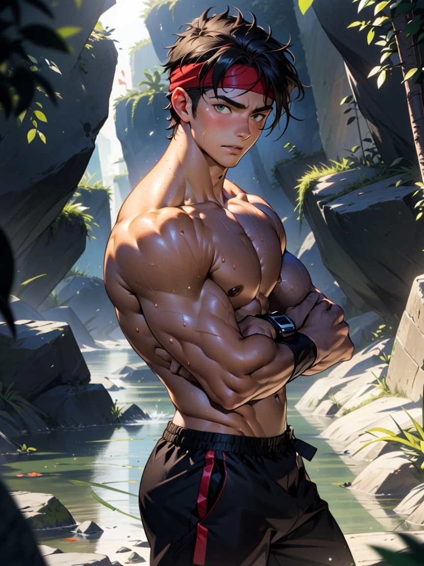 (Masterpiece, Best quality, 18 year old boy, 8k, ultra-detailed, (bust shot)), (from side, looking away, worm eyes, thin lips), (1 boy, solo), Young, (teenager), (Dark Short straight hair, under cut, black eyes), Shirtless, topless, (Green headband, Black wristband), (Depth of field:1.2), (Abs, chest, upper arms), (topless male), man with martial arts stance, athretic body, (background: inside caves, night), sweat