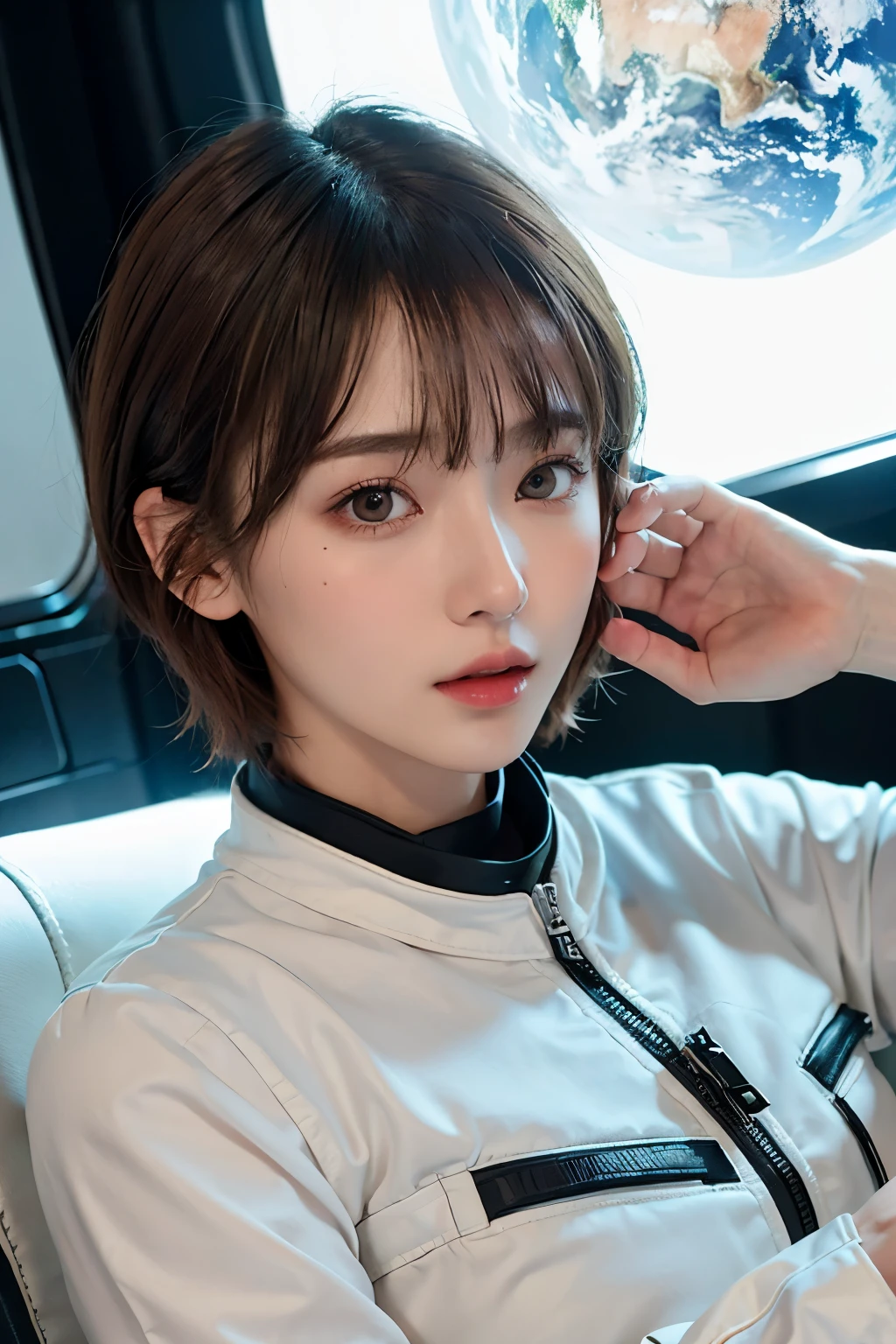 highest quality、masterpiece、ultra high resolution、(real:1.4)、Beautiful woman1、Beautiful details of eyes and skin、light brown short cut hair、The perfect spacesuit、outer space、macrocosm、star々、Inside the spaceship、