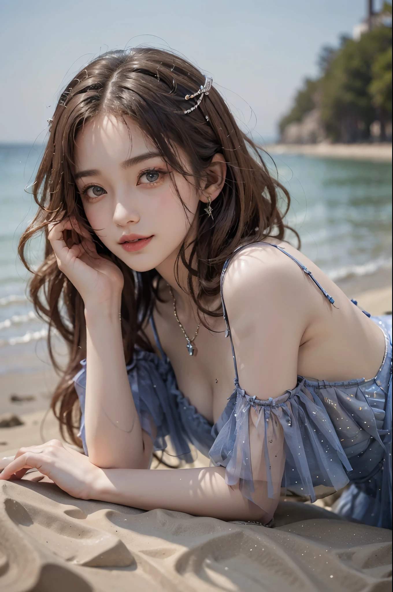 long dress,bare shoulders,, ((real)), yushuxin,1girl,solo, A young girl, Beautiful teenage girl, Slim, thin waist, High heel, Shy, Grinning, earrings、necklace、hairpin，Heavy makeup，Gorgeous eye makeup，Eyes are very beautiful, blond hair, curls, long flowing hair, seaside, on the beach, Lying on the beach, cross legs,  mess up your hair, Posing for photos, Pose gracefully, Random shooting angle, warm light, Warm color palette, professional lighting, photon mapping, radio city, Physically based rendering, original photo, best quality, beautiful face, beautiful skin， attractive， ultra high resolution， Super real photos